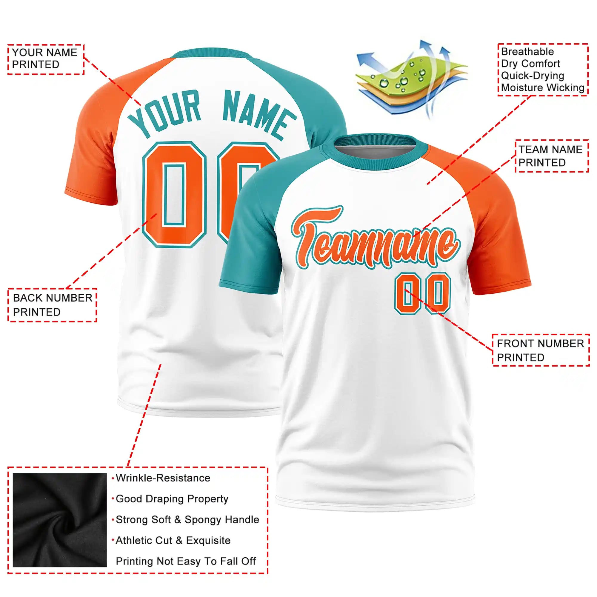 Custom White Aqua-Orange Crew Neck Two Tone Sleeve Design  Performance T-Shirt