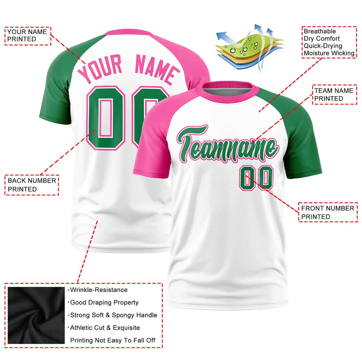 Custom White Pink-Kelly Green Crew Neck Two Tone Sleeve Design  Performance T-Shirt