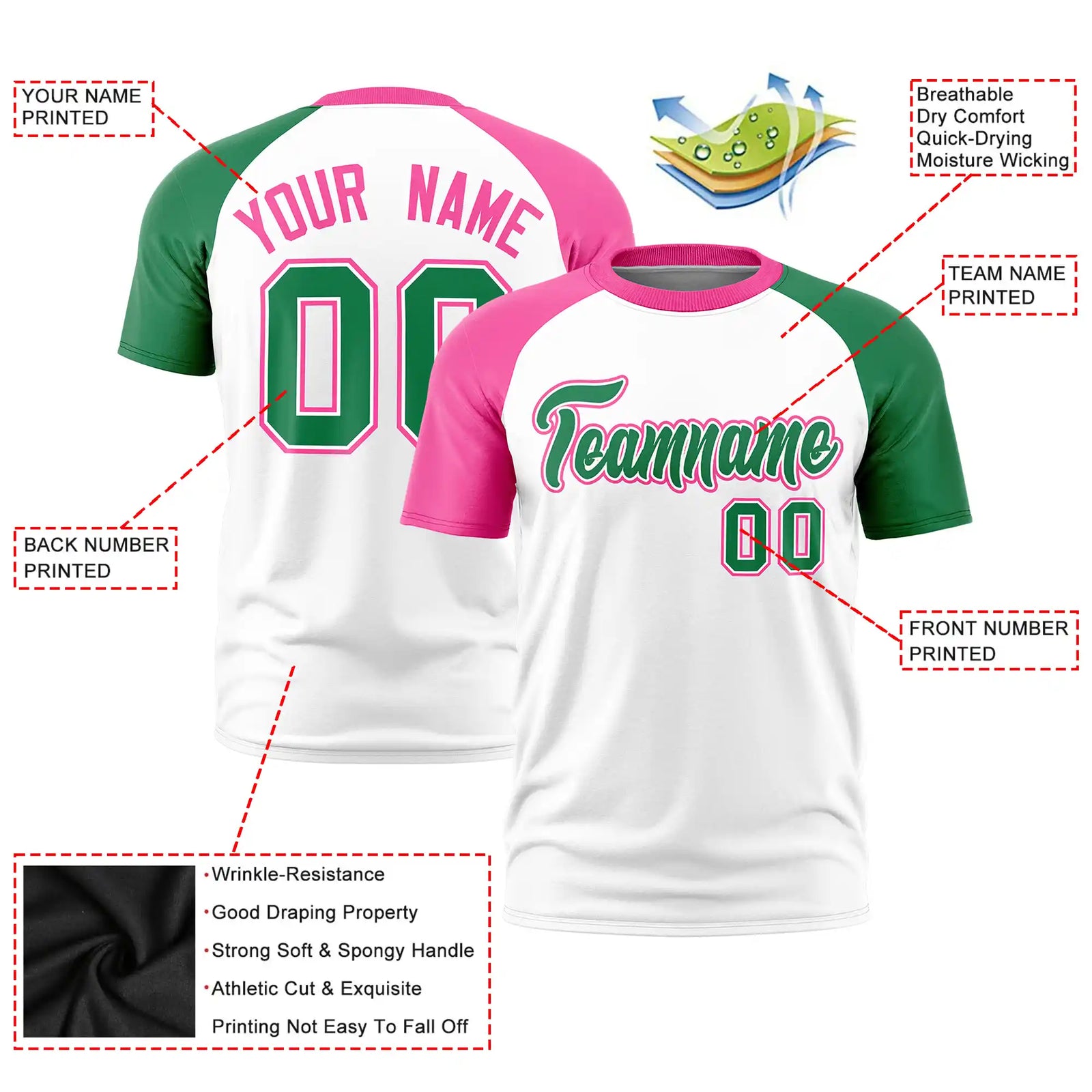 Custom White Pink-Kelly Green Crew Neck Two Tone Sleeve Design  Performance T-Shirt