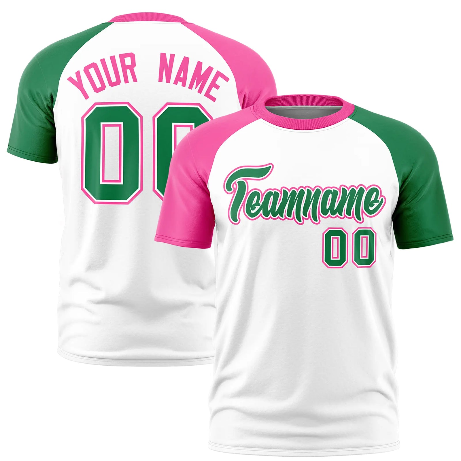 Custom White Pink-Kelly Green Crew Neck Two Tone Sleeve Design  Performance T-Shirt