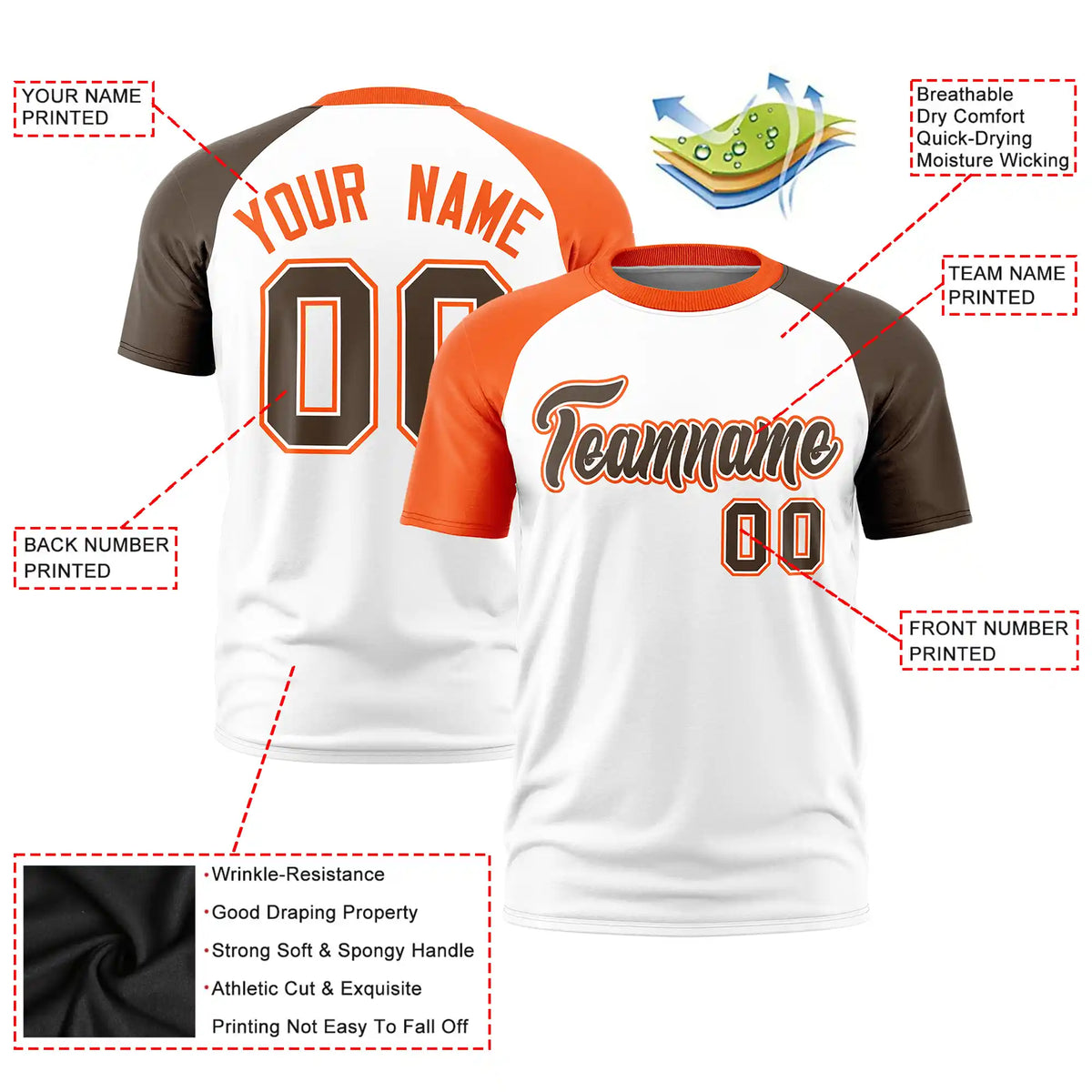 Custom White Orange-Brown Crew Neck Two Tone Sleeve Design  Performance T-Shirt
