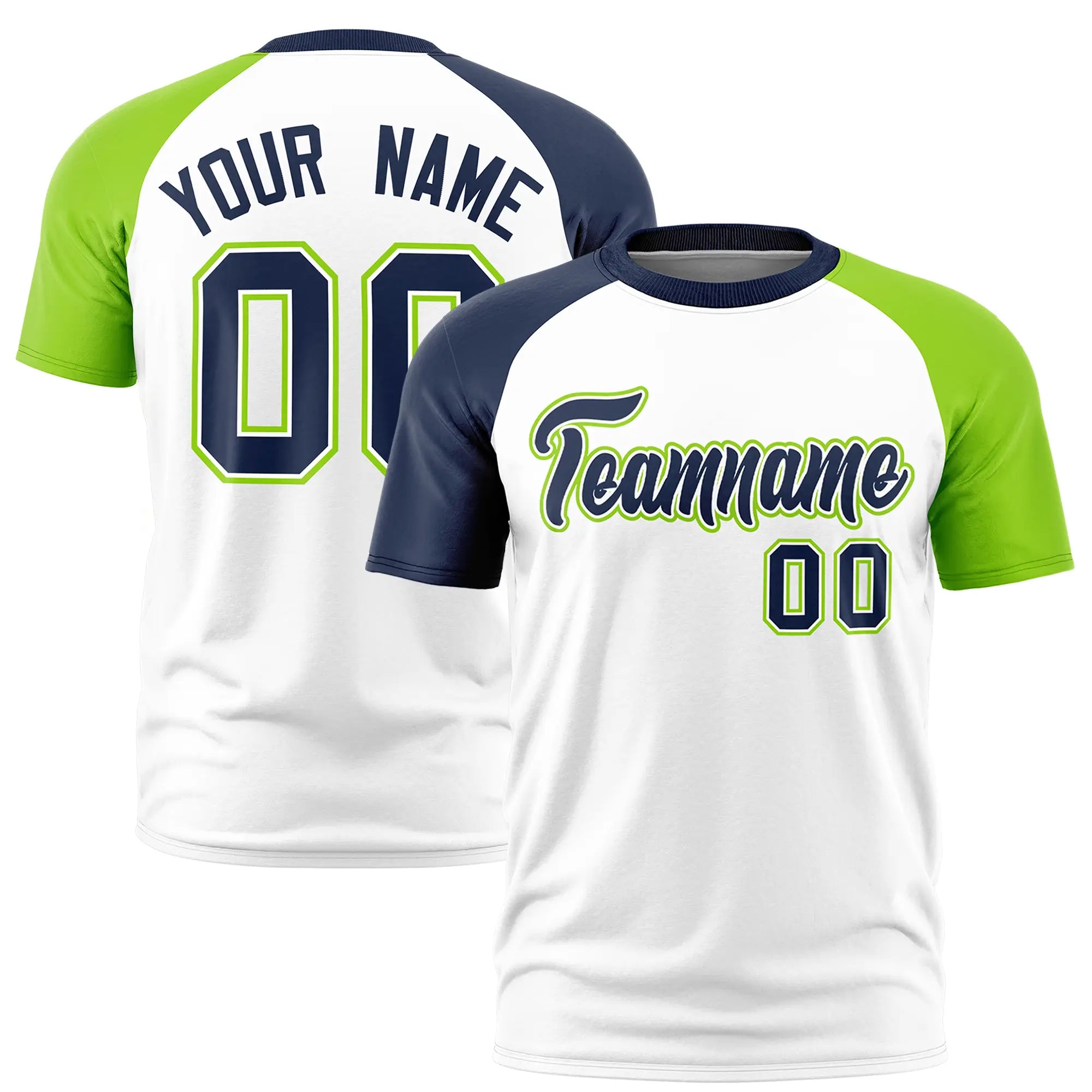 Custom White Navy-Neon Green Crew Neck Two Tone Sleeve Design  Performance T-Shirt