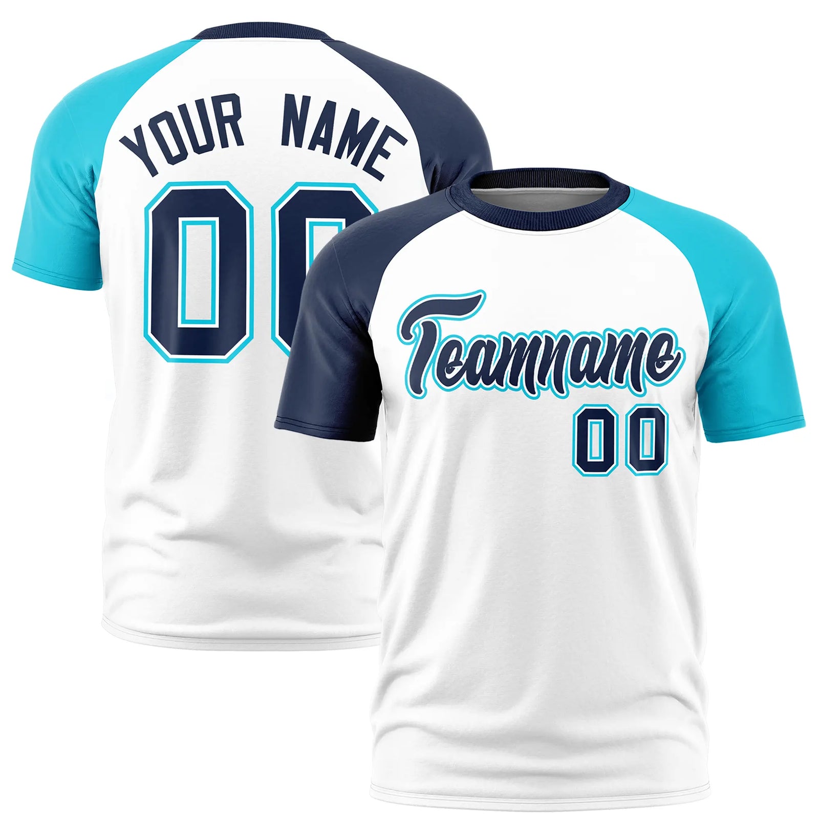 Custom White Navy-Sky Blue Crew Neck Two Tone Sleeve Design  Performance T-Shirt