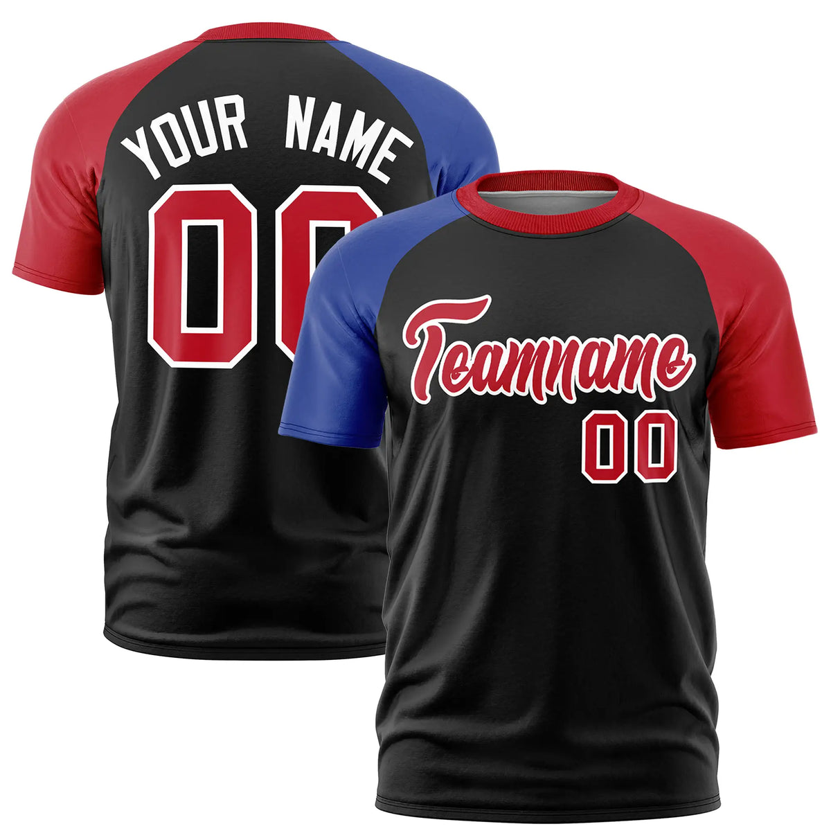 Custom Black Royal Blue-Red Crew Neck Two Tone Sleeve Design  Performance T-Shirt