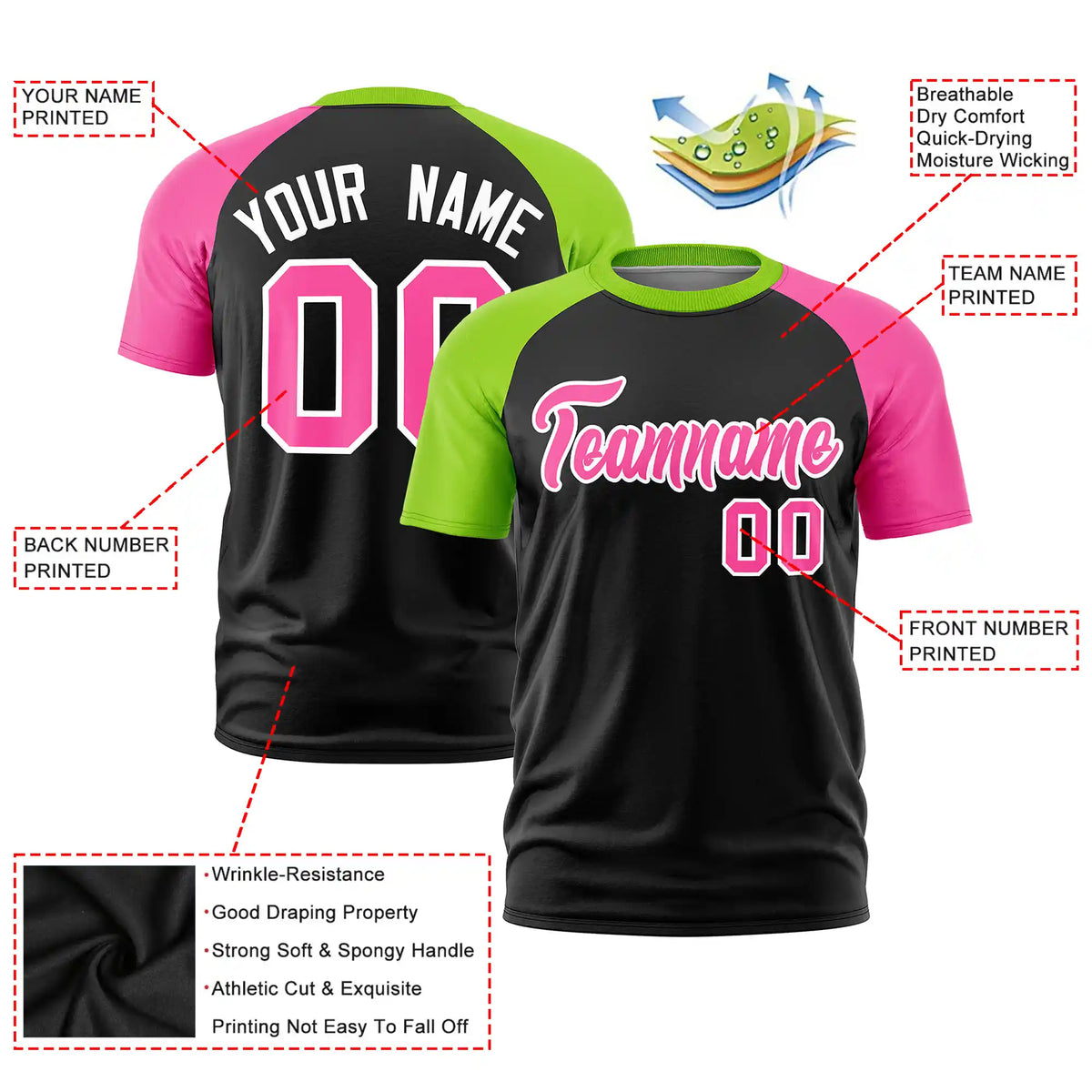 Custom Black Neon Green-Pink Crew Neck Two Tone Sleeve Design  Performance T-Shirt