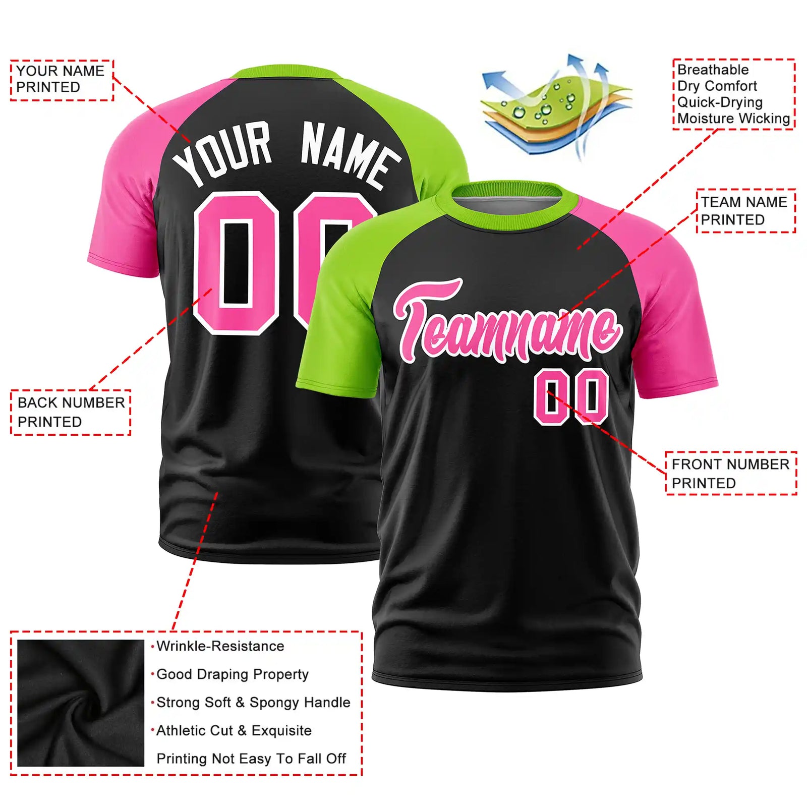 Custom Black Neon Green-Pink Crew Neck Two Tone Sleeve Design  Performance T-Shirt