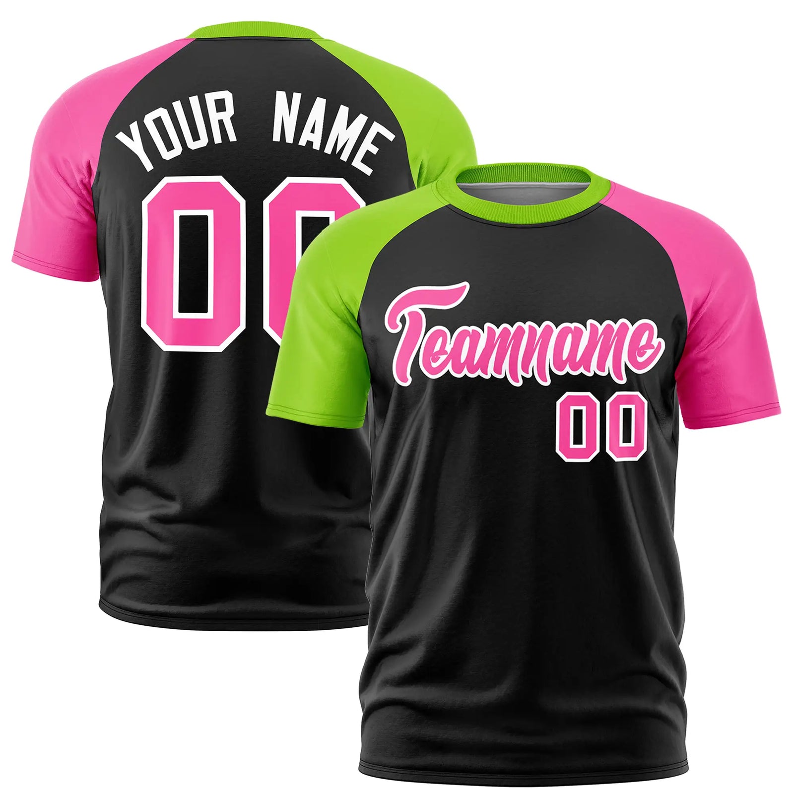 Custom Black Neon Green-Pink Crew Neck Two Tone Sleeve Design  Performance T-Shirt