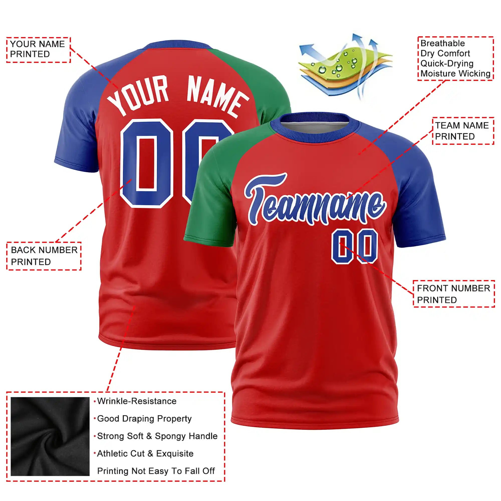 Custom Red Kelly Green-Royal Blue Crew Neck Two Tone Sleeve Design  Performance T-Shirt