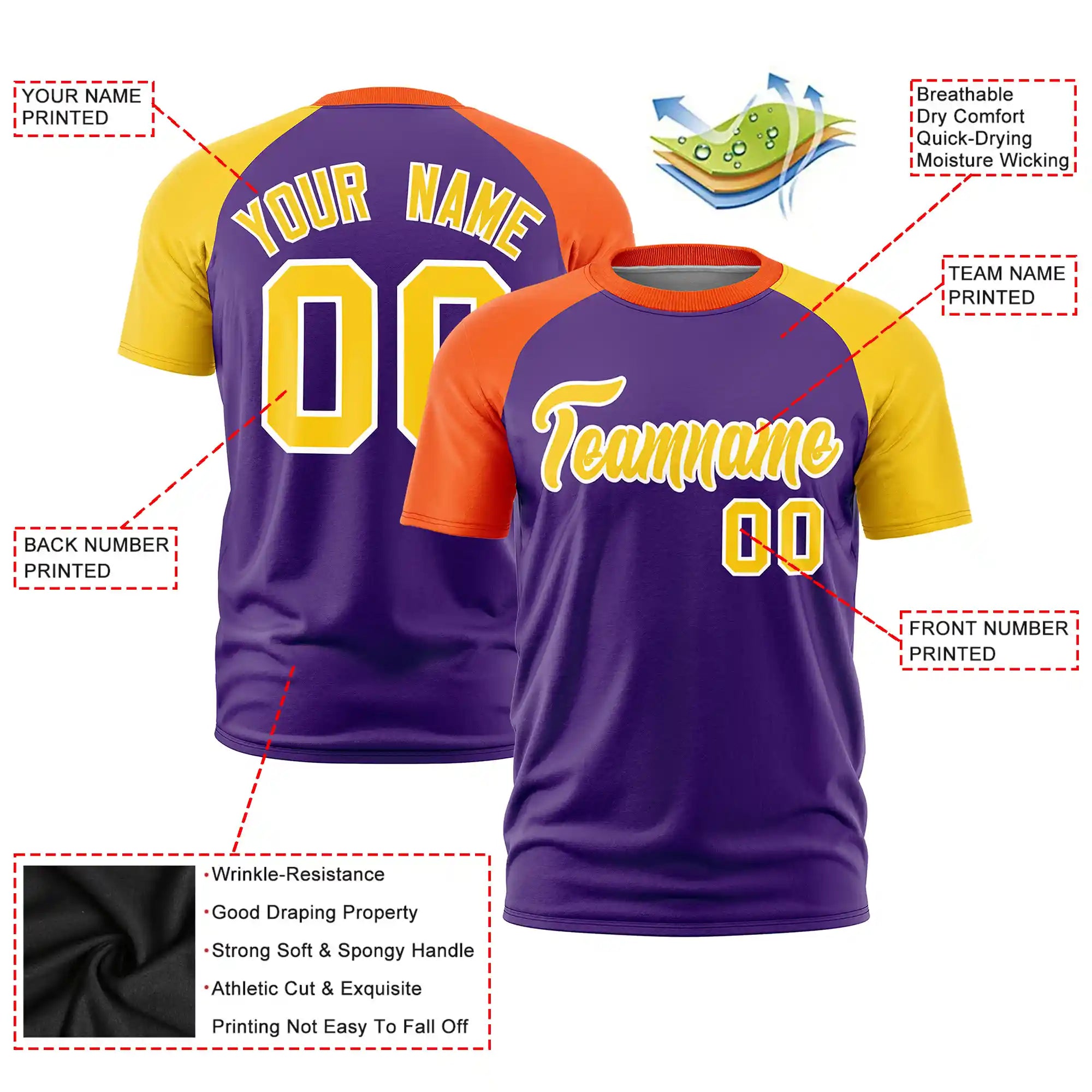 Custom Purple Orange-Gold01 Crew Neck Two Tone Sleeve Design  Performance T-Shirt