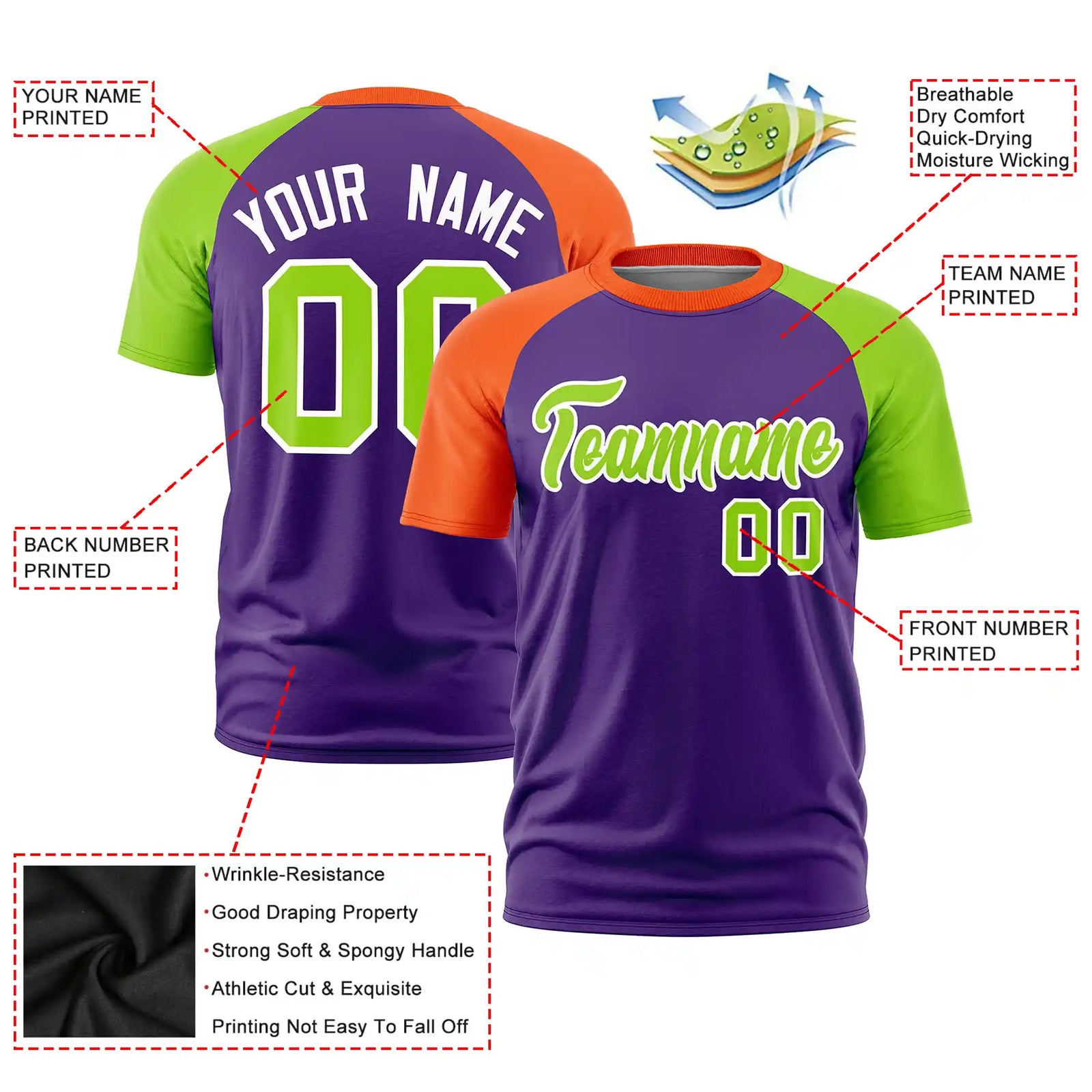 Custom Purple Orange-Neon Green Crew Neck Two Tone Sleeve Design  Performance T-Shirt