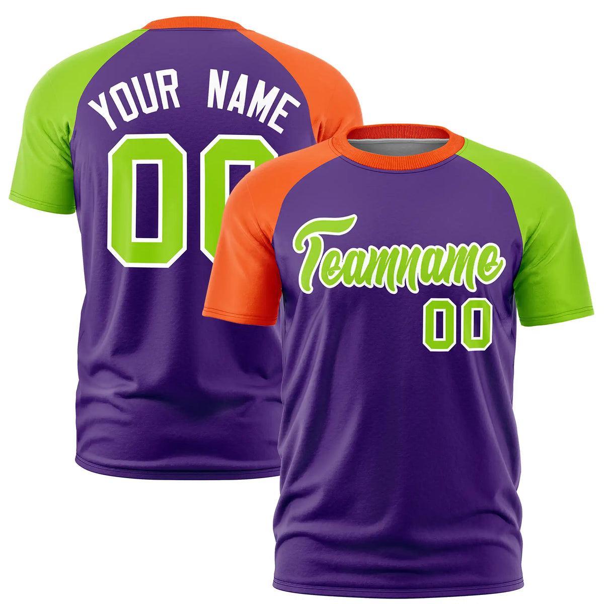 Custom Purple Orange-Neon Green Crew Neck Two Tone Sleeve Design  Performance T-Shirt