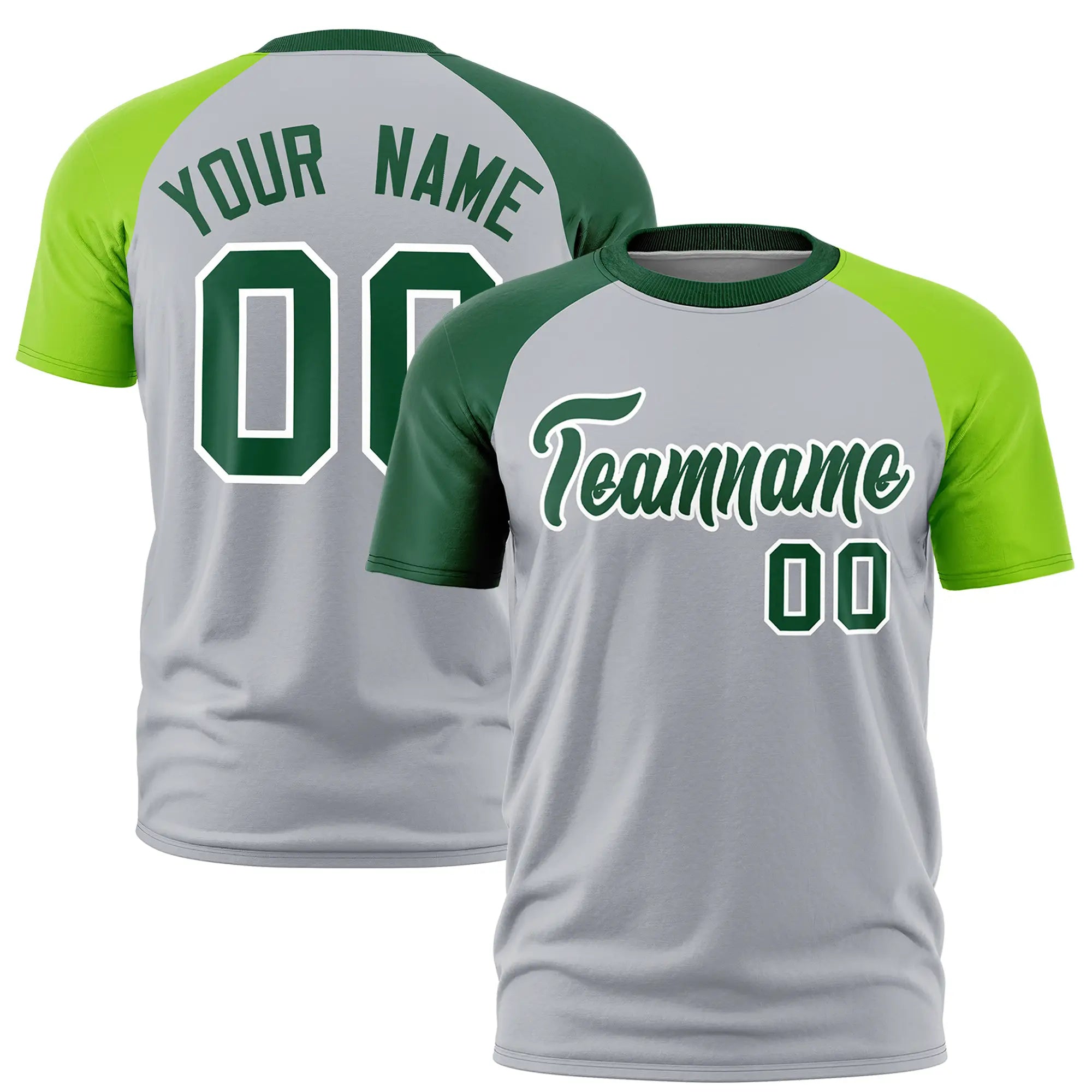 Custom Gray Green-Neon Green Crew Neck Two Tone Sleeve Design  Performance T-Shirt