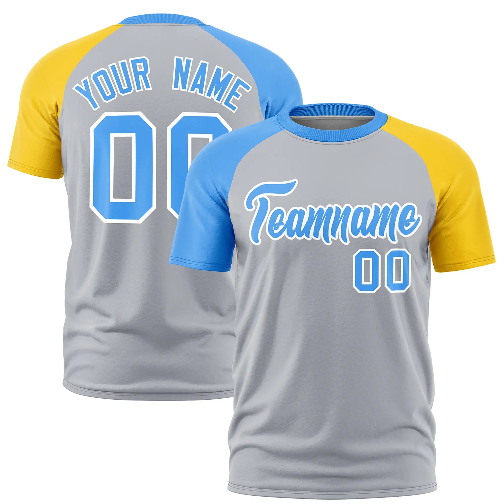 Custom Gray Powder Blue-Gold01 Crew Neck Two Tone Sleeve Design  Performance T-Shirt