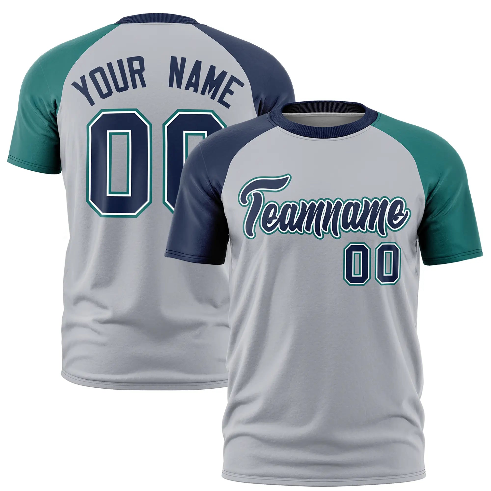 Custom Gray Navy-Aqua Crew Neck Two Tone Sleeve Design  Performance T-Shirt