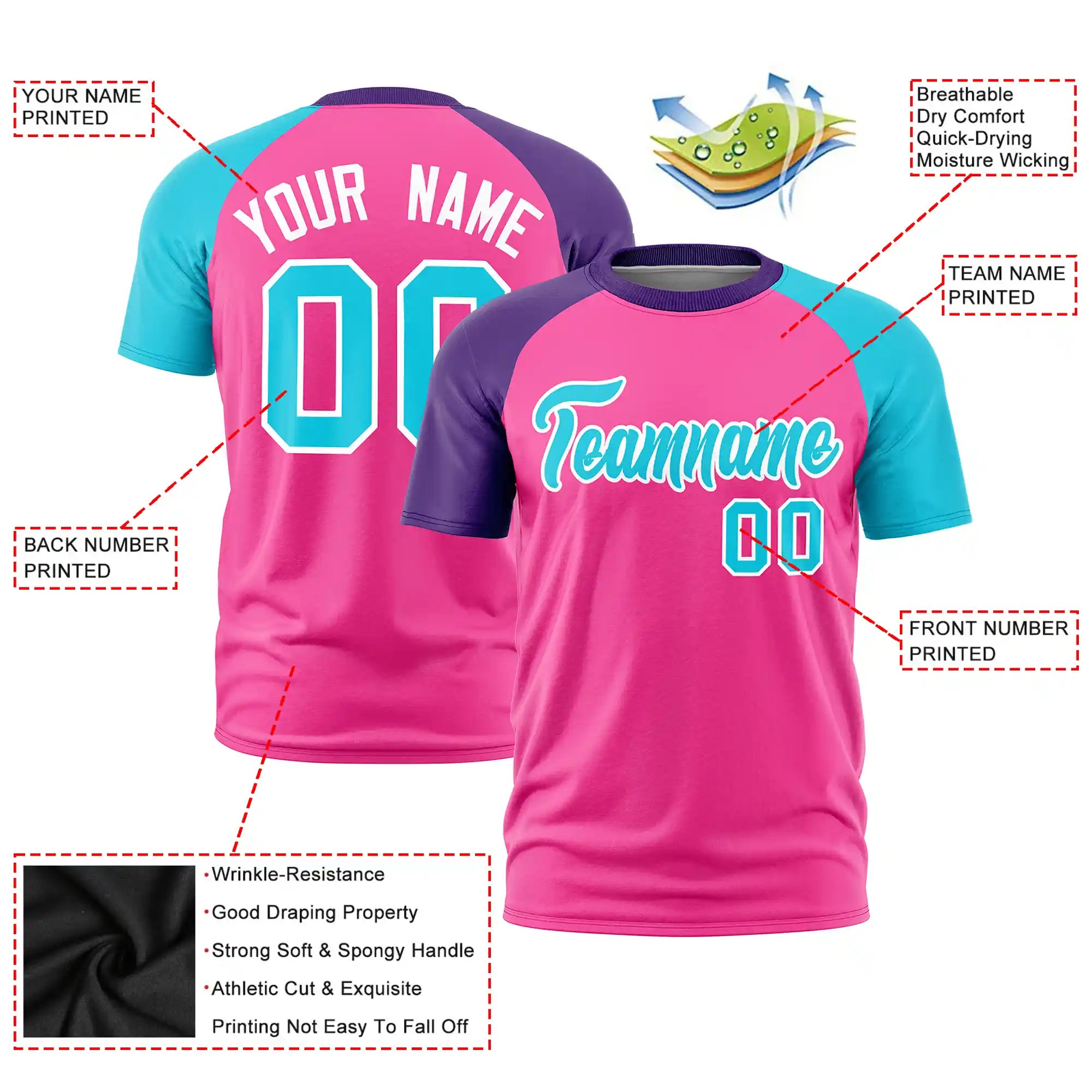 Custom Pink Purple-Sky Blue Crew Neck Two Tone Sleeve Design  Performance T-Shirt