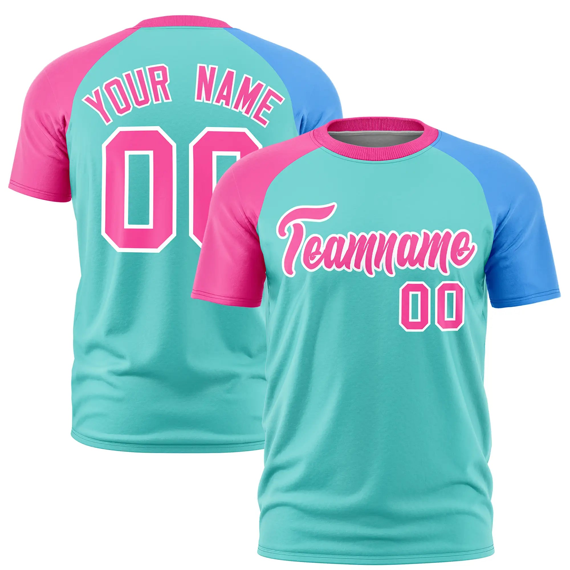 Custom Bright Green Pink-Powder Blue Crew Neck Two Tone Sleeve Design  Performance T-Shirt