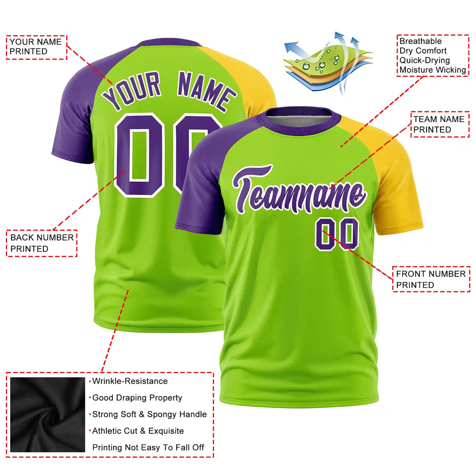 Custom Neon Green Purple-Gold01 Crew Neck Two Tone Sleeve Design  Performance T-Shirt