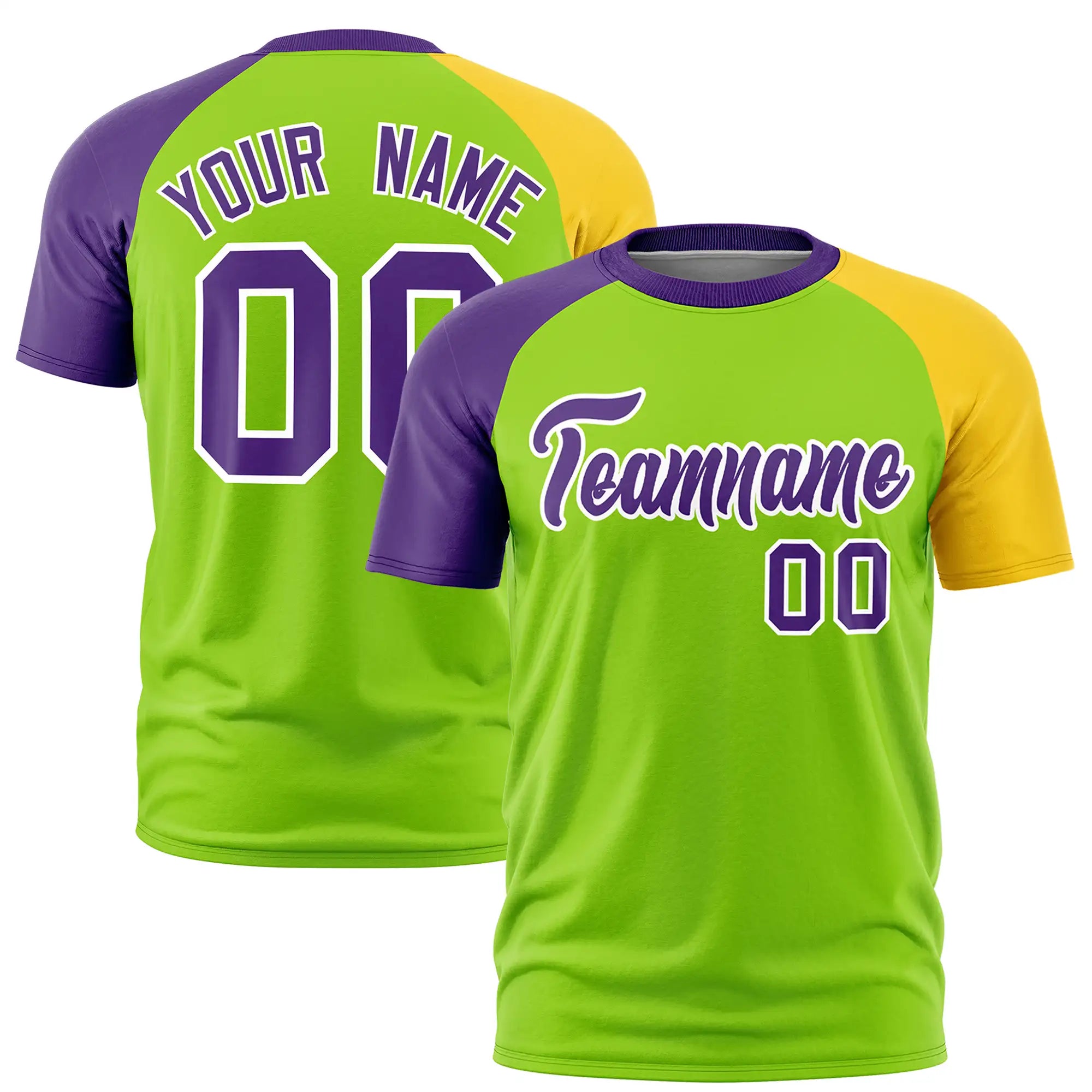 Custom Neon Green Purple-Gold01 Crew Neck Two Tone Sleeve Design  Performance T-Shirt