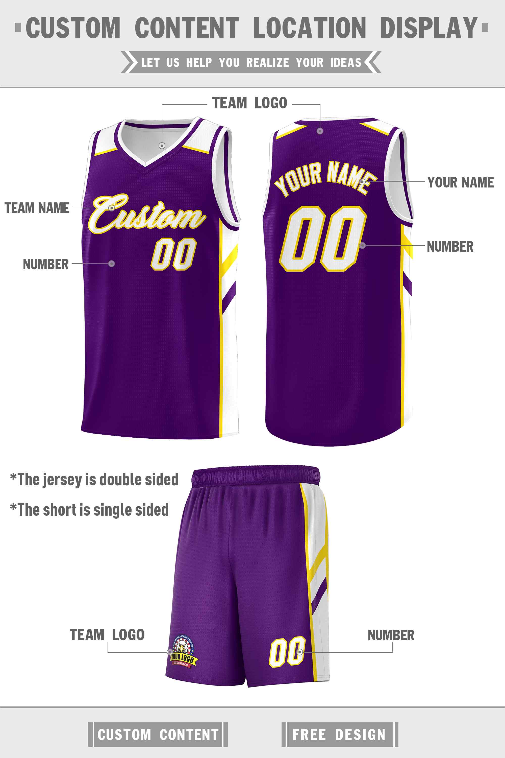 Custom Purple White-Yellow Classic Sets Sports Uniform Basketball Jersey