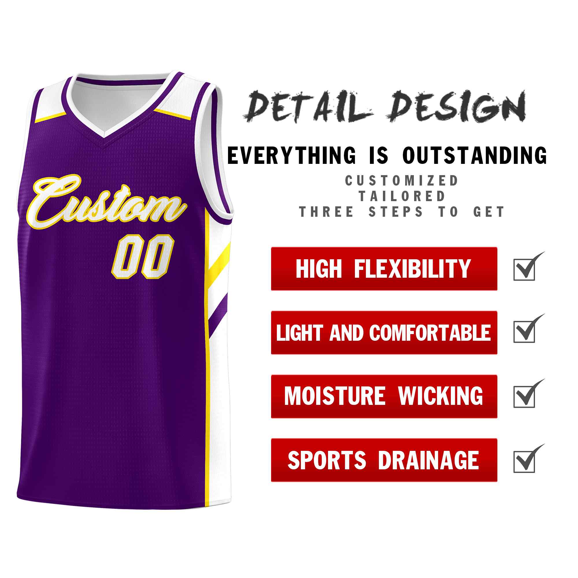 Custom Purple White-Yellow Classic Sets Sports Uniform Basketball Jersey