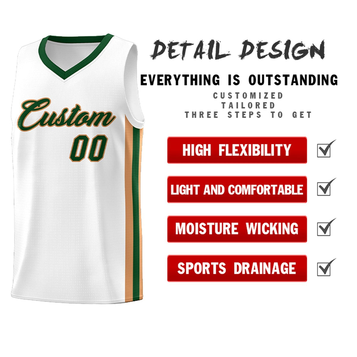 Custom White Green Classic Tops Athletic Casual Basketball Jersey
