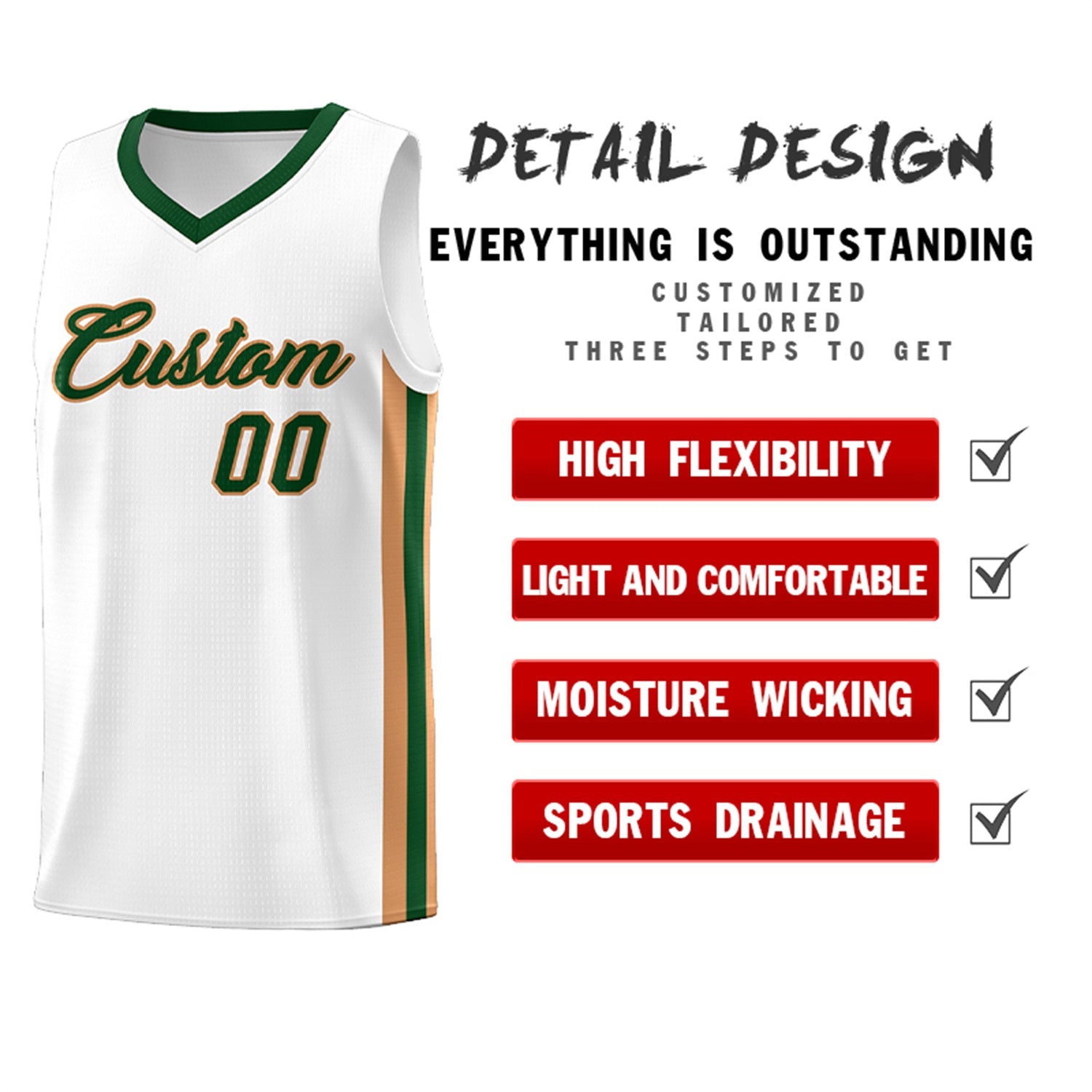 Custom White Green Classic Tops Athletic Casual Basketball Jersey