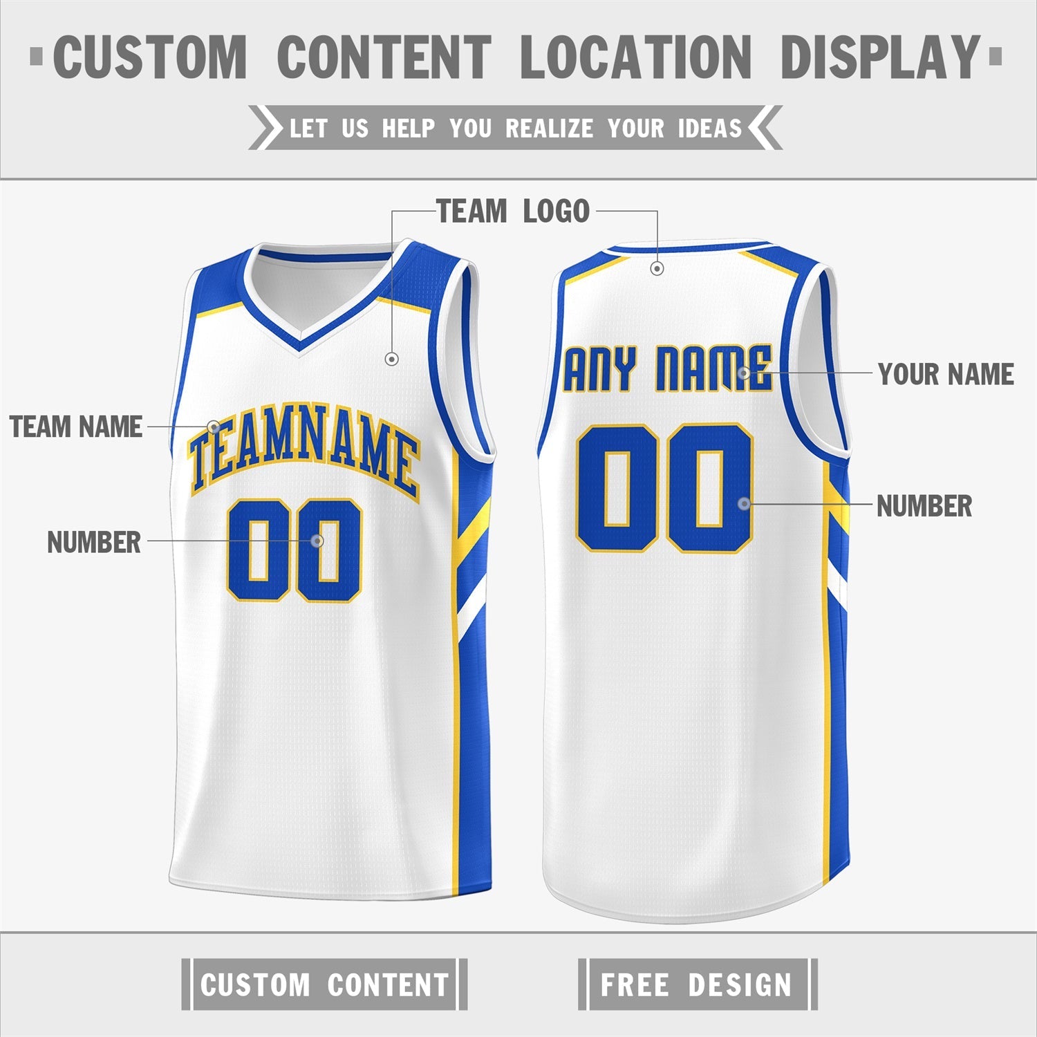 Custom White Yellow-Royal Classic Tops Men/Boy Athletic Basketball Jersey