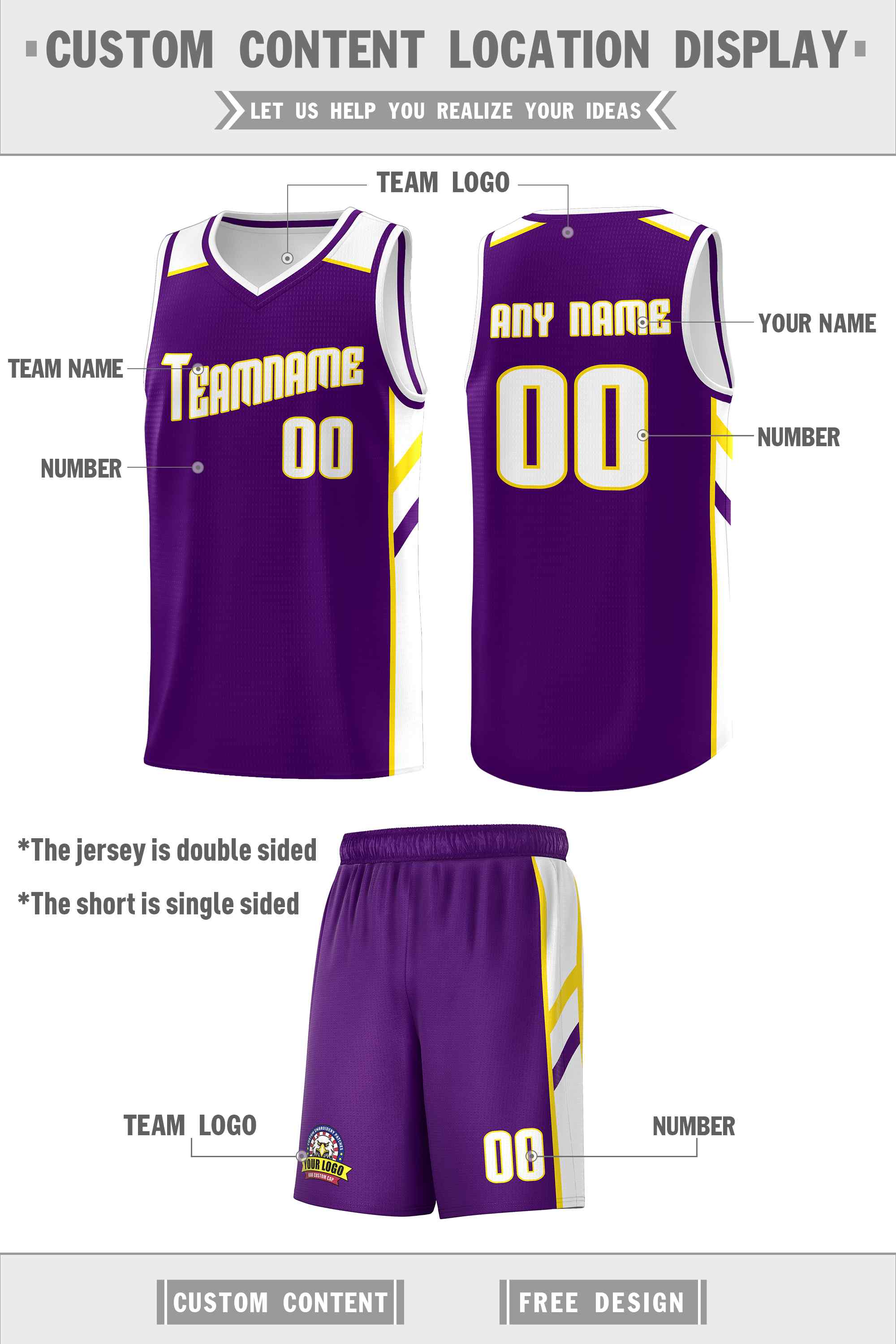 Custom Purple White-Yellow Classic Sets Sports Uniform Basketball Jersey