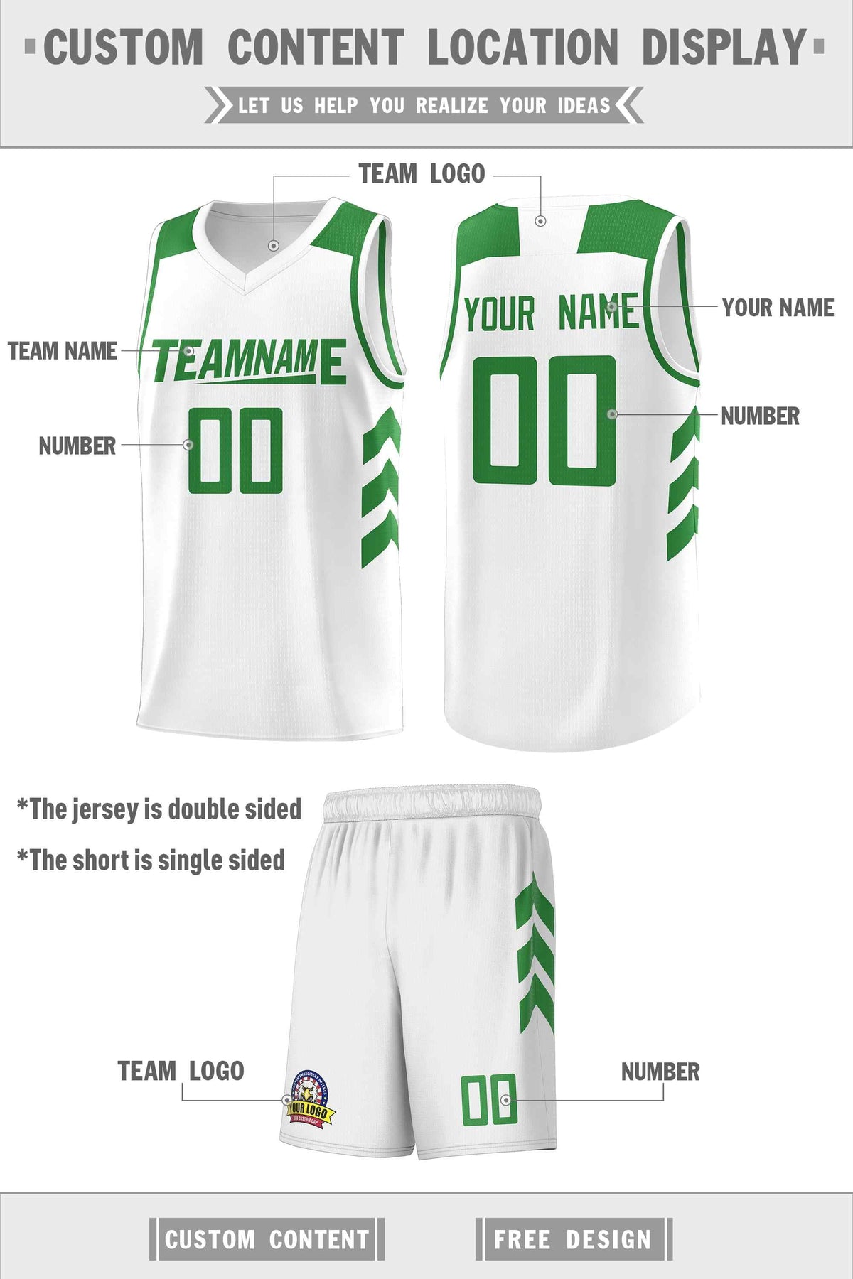 Custom White Green Classic Sets Sports Uniform Basketball Jersey