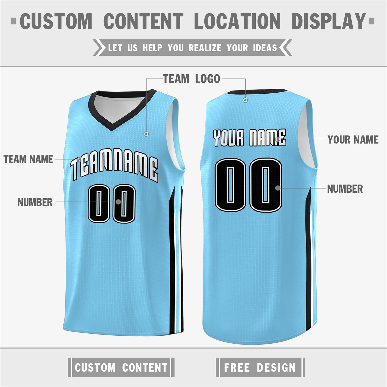 Custom Light Blue Black Classic Tops Men Casual Basketball Jersey