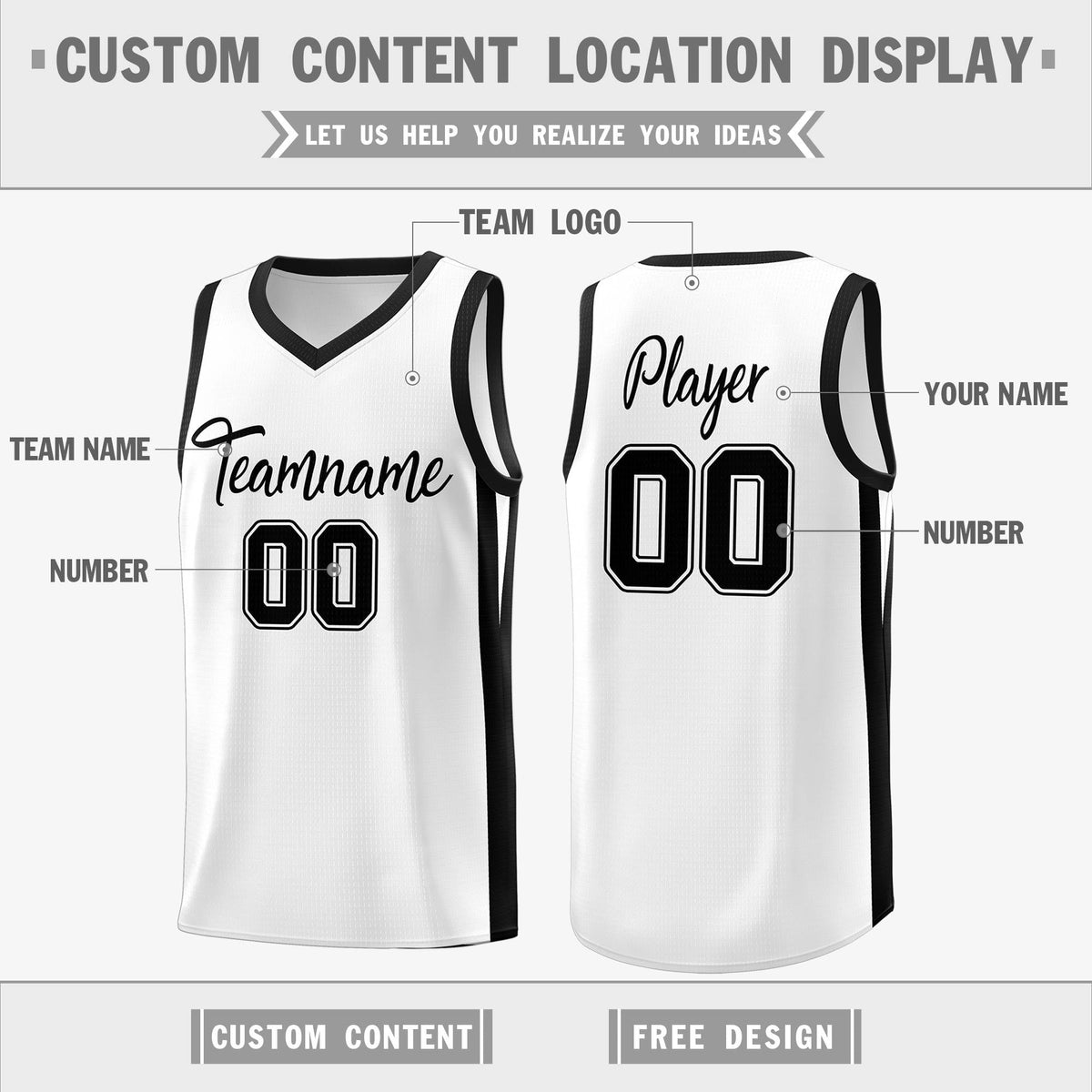 Custom White Black Classic Tops Mesh Sport Basketball Jersey