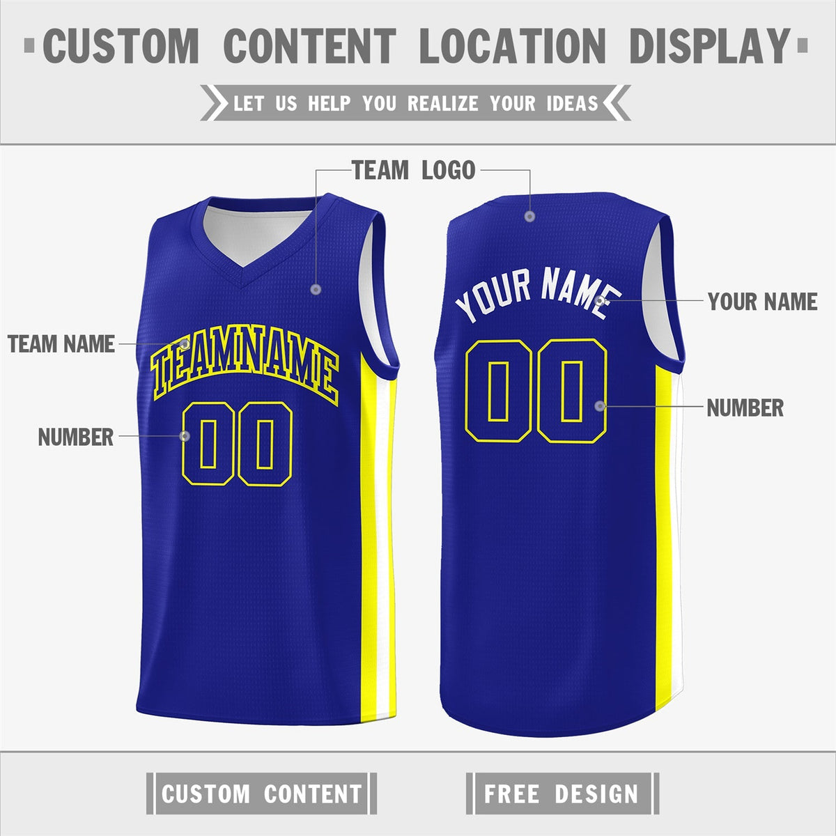 Custom Royal Yellow-White Classic Tops Athletic Casual Basketball Jersey
