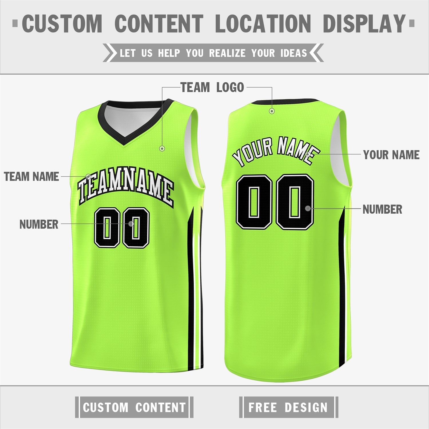 Custom Neon Green Black Classic Tops Athletic Casual Basketball Jersey