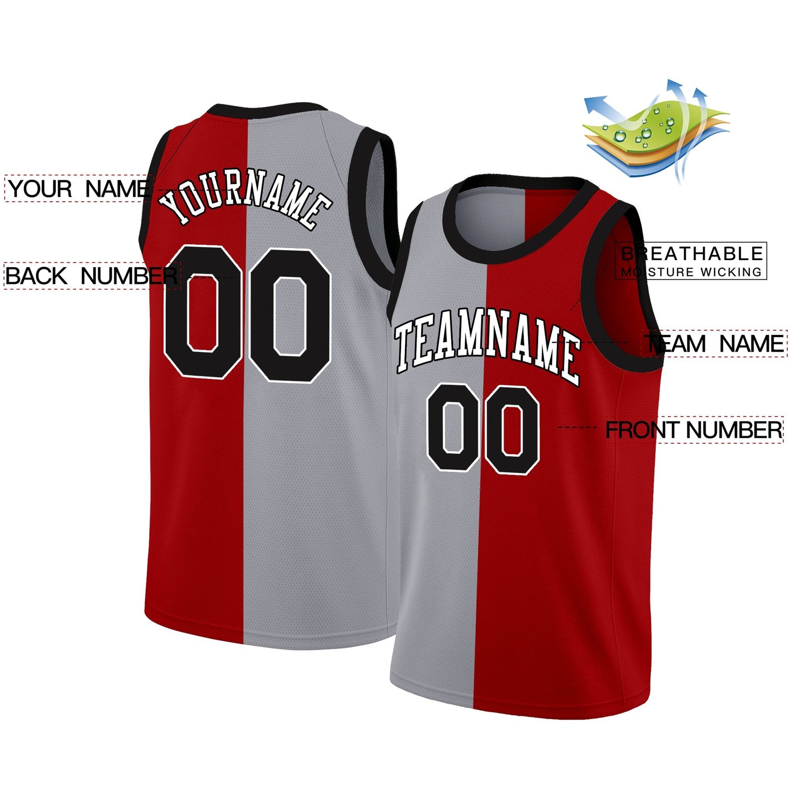 Custom Gray Red-White Split Fashion Tops Basketball Jersey