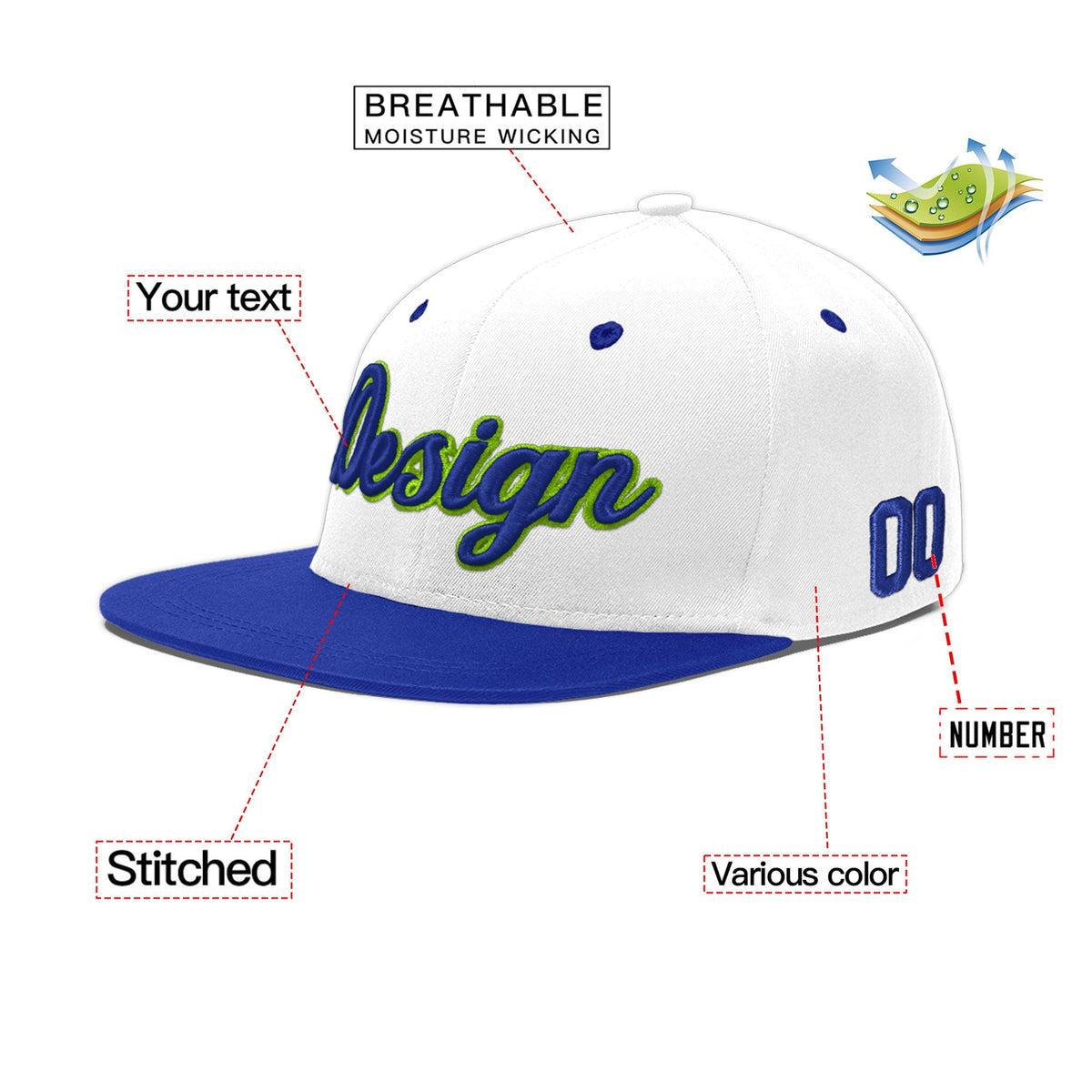 Custom White Royal Blue 3D Puff Embroidery Flat Embroidery Casual Sport Baseball Cap