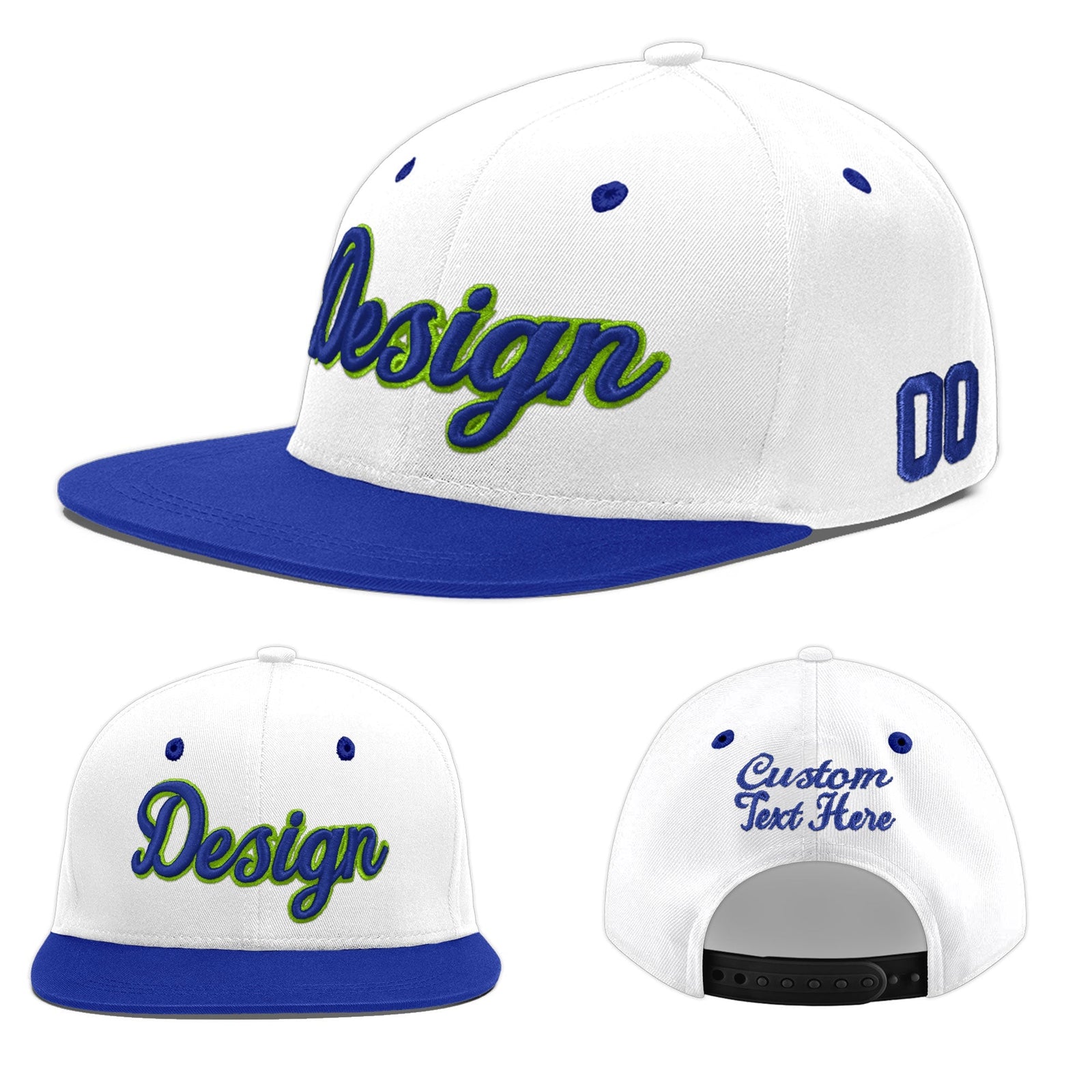 Custom White Royal Blue 3D Puff Embroidery Flat Embroidery Casual Sport Baseball Cap
