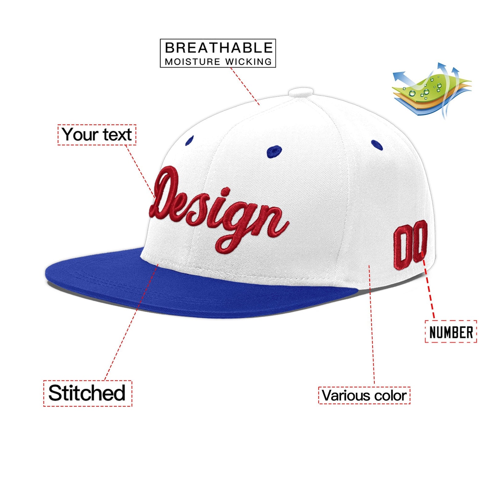 Custom White Royal Blue 3D Puff Embroidery Flat Embroidery Casual Sport Baseball Cap