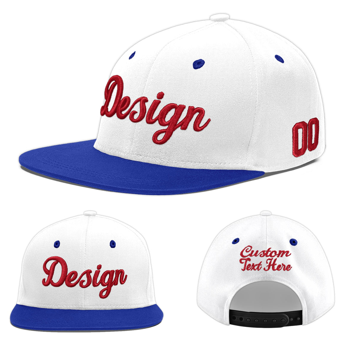 Custom White Royal Blue 3D Puff Embroidery Flat Embroidery Casual Sport Baseball Cap