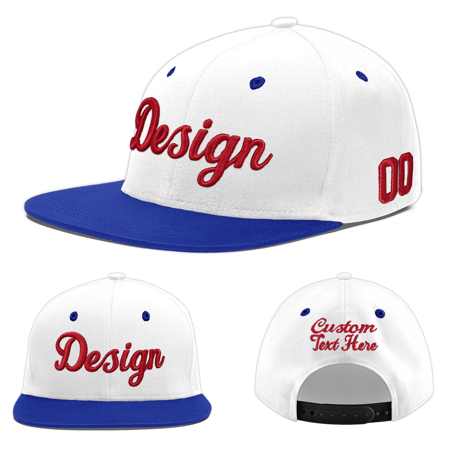Custom White Royal Blue 3D Puff Embroidery Flat Embroidery Casual Sport Baseball Cap