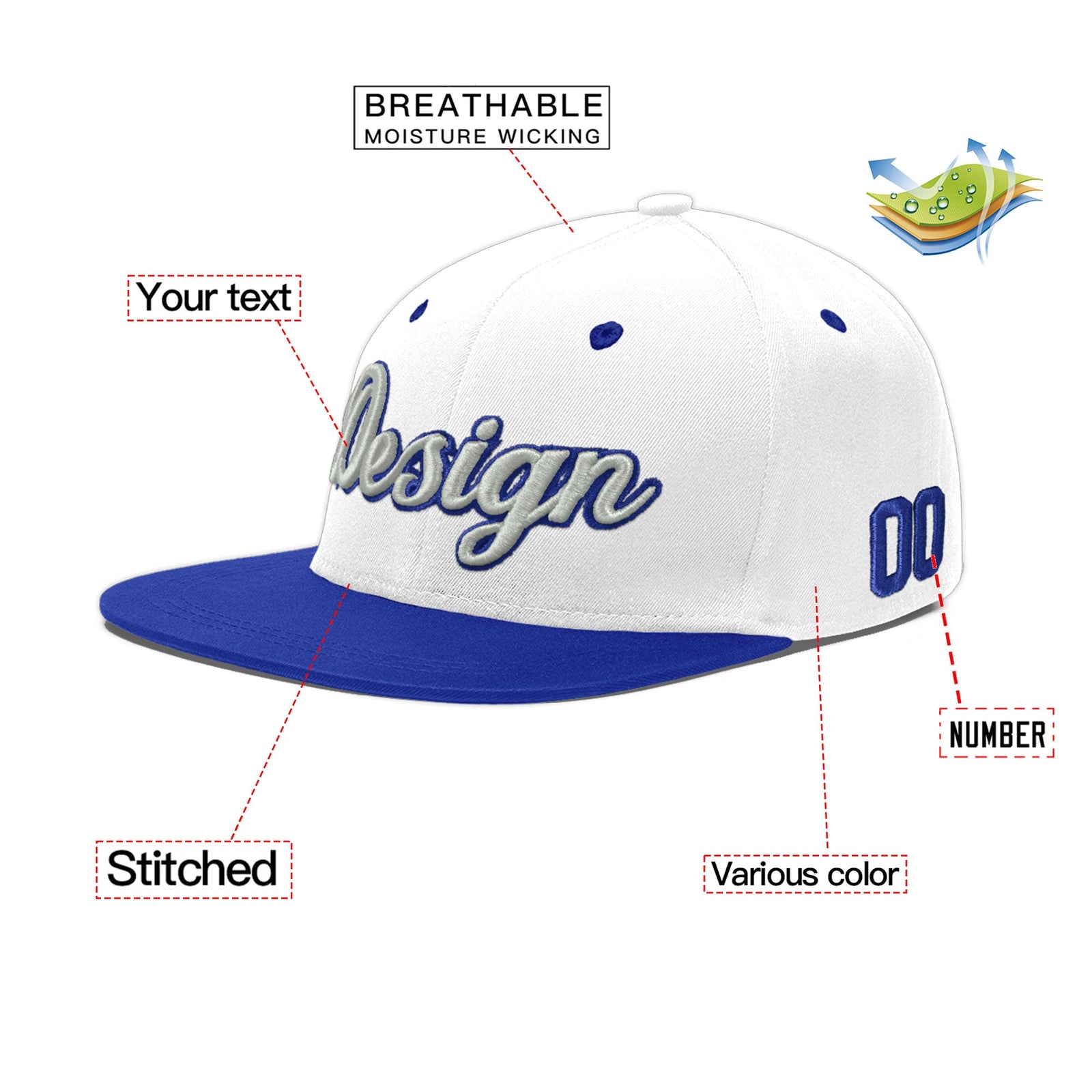 Custom White Royal Blue 3D Puff Embroidery Flat Embroidery Casual Sport Baseball Cap