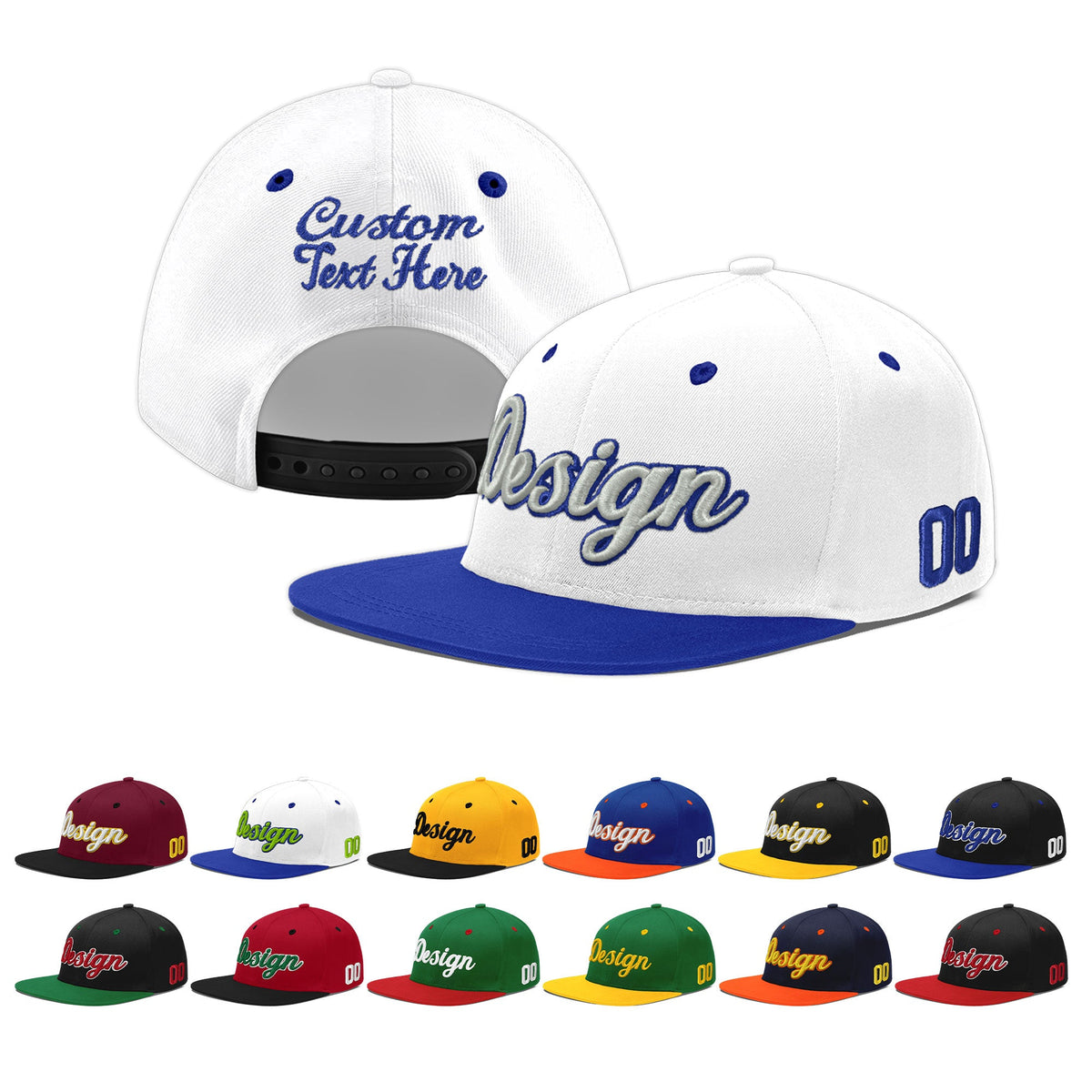 Custom White Royal Blue 3D Puff Embroidery Flat Embroidery Casual Sport Baseball Cap