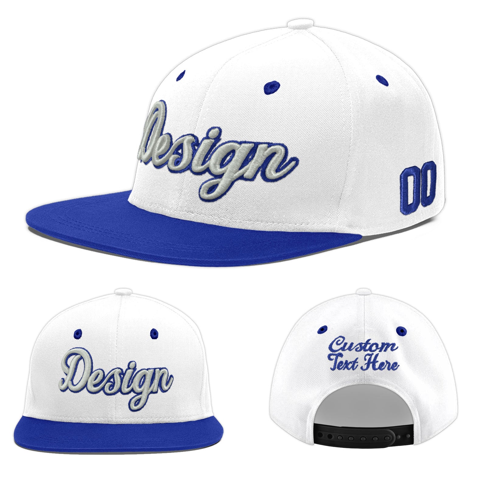 Custom White Royal Blue 3D Puff Embroidery Flat Embroidery Casual Sport Baseball Cap