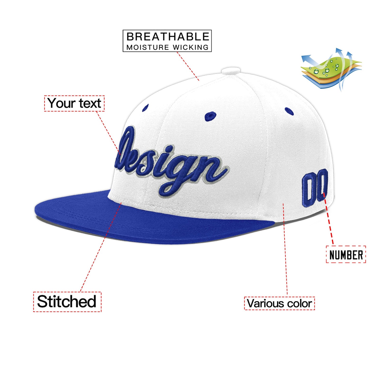 Custom White Royal Blue 3D Puff Embroidery Flat Embroidery Casual Sport Baseball Cap