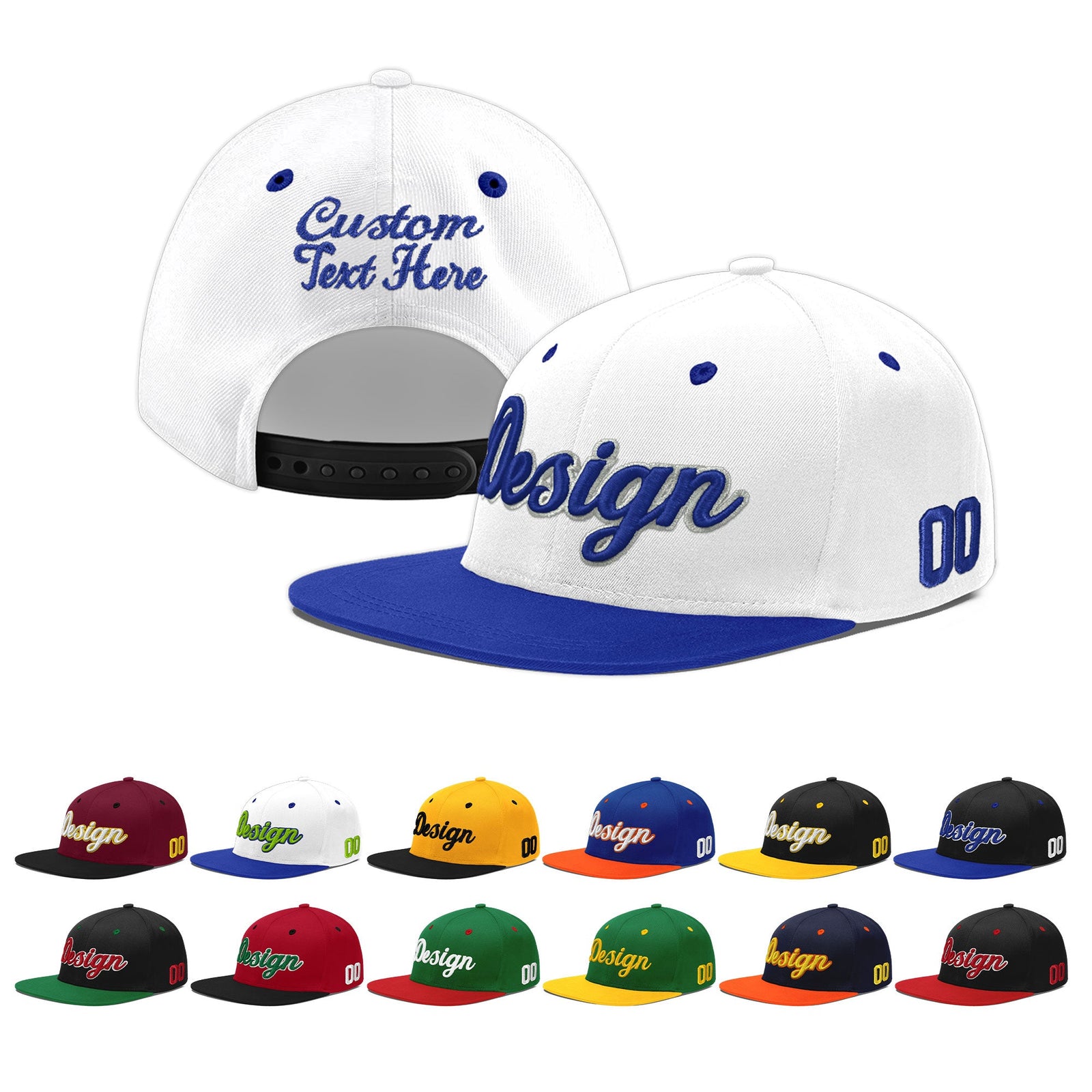 Custom White Royal Blue 3D Puff Embroidery Flat Embroidery Casual Sport Baseball Cap