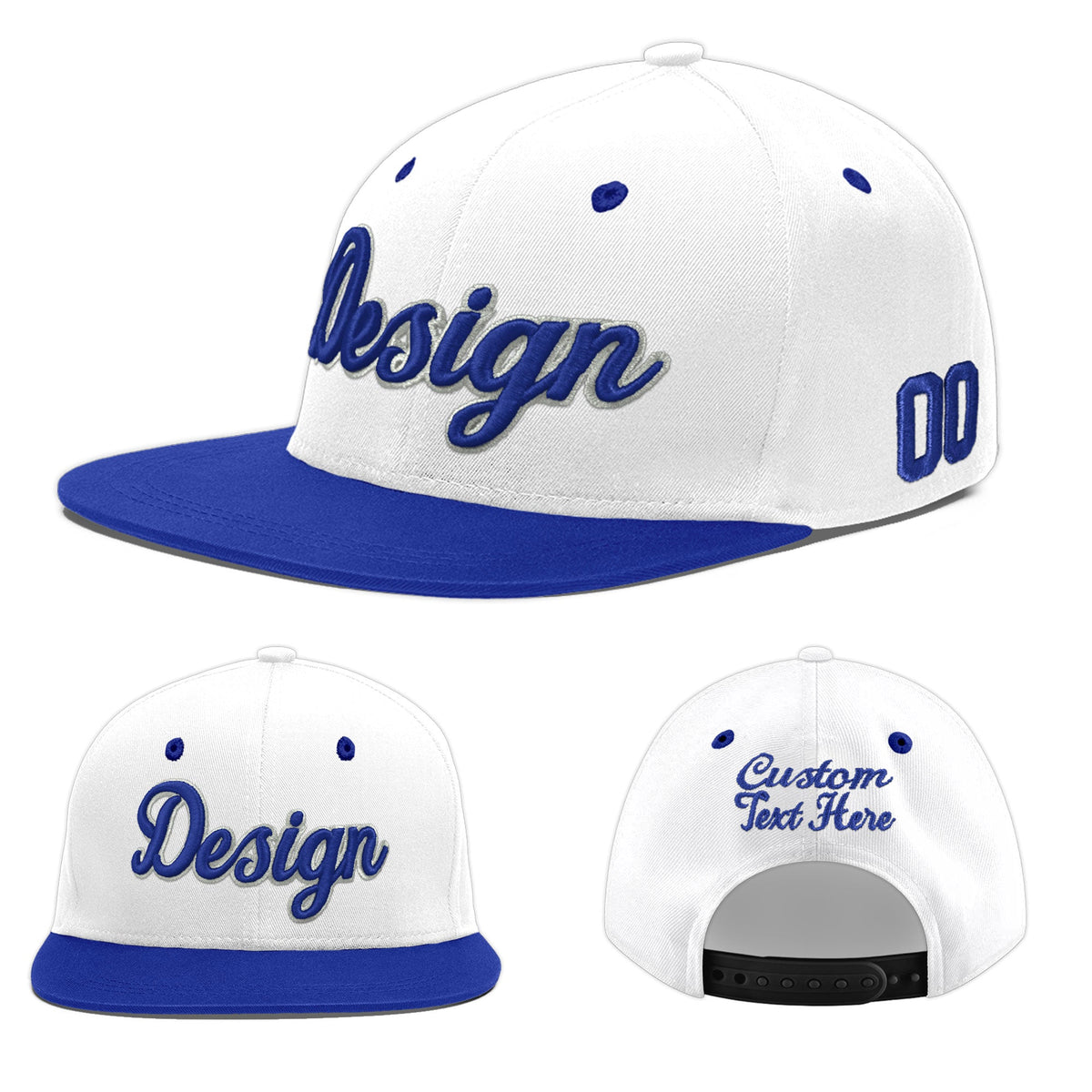 Custom White Royal Blue 3D Puff Embroidery Flat Embroidery Casual Sport Baseball Cap