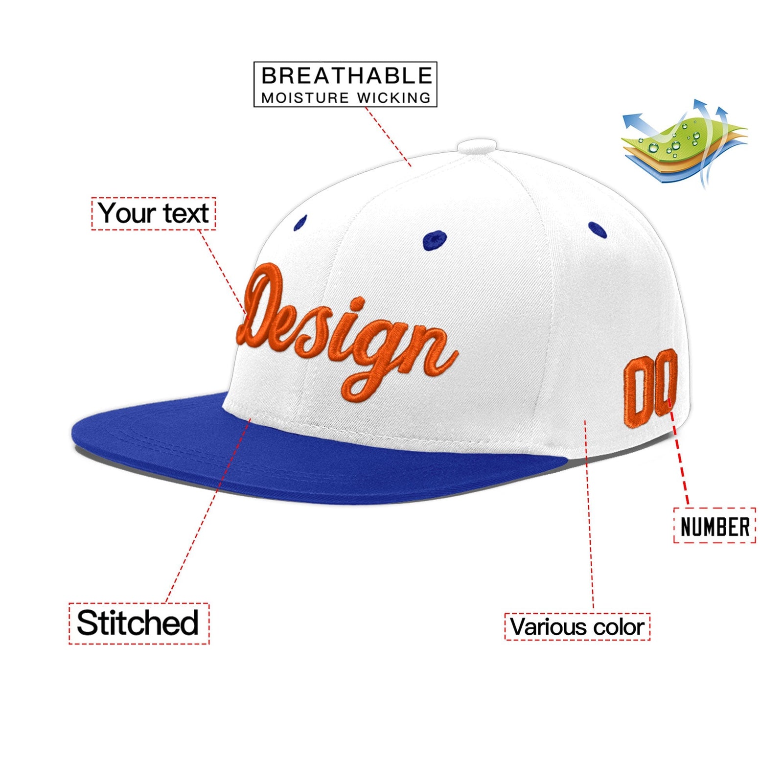 Custom White Royal Blue 3D Puff Embroidery Flat Embroidery Casual Sport Baseball Cap