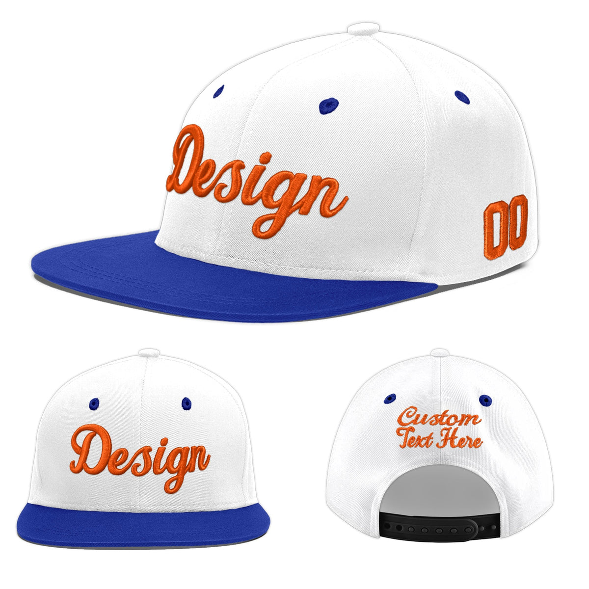 Custom White Royal Blue 3D Puff Embroidery Flat Embroidery Casual Sport Baseball Cap
