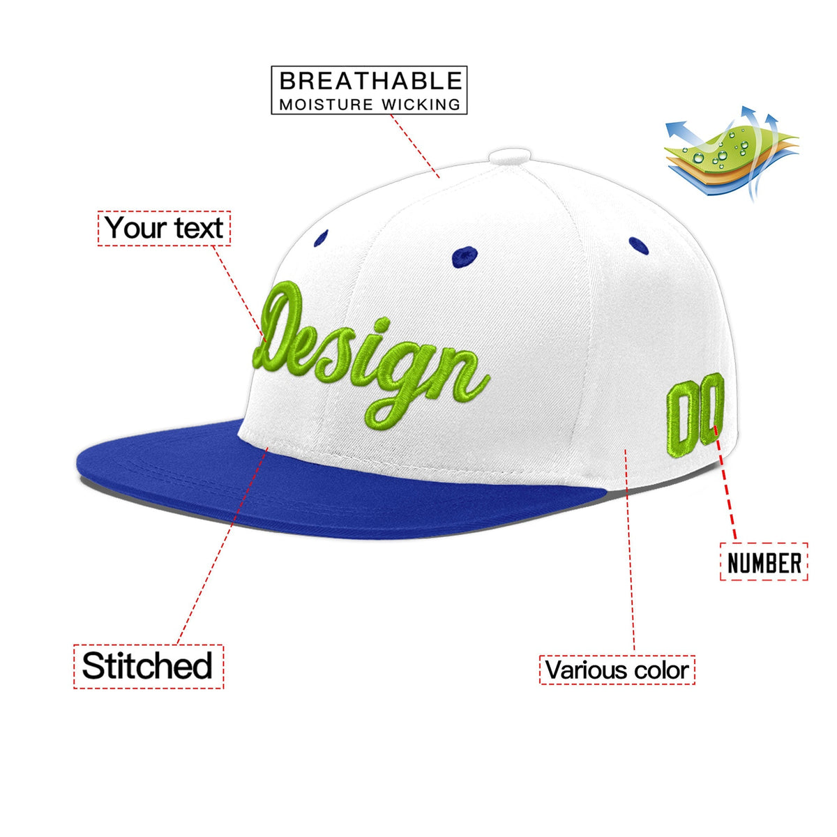 Custom White Royal Blue 3D Puff Embroidery Flat Embroidery Casual Sport Baseball Cap