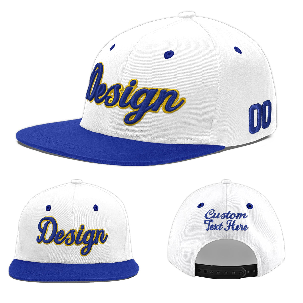 Custom White Royal Blue 3D Puff Embroidery Flat Embroidery Casual Sport Baseball Cap