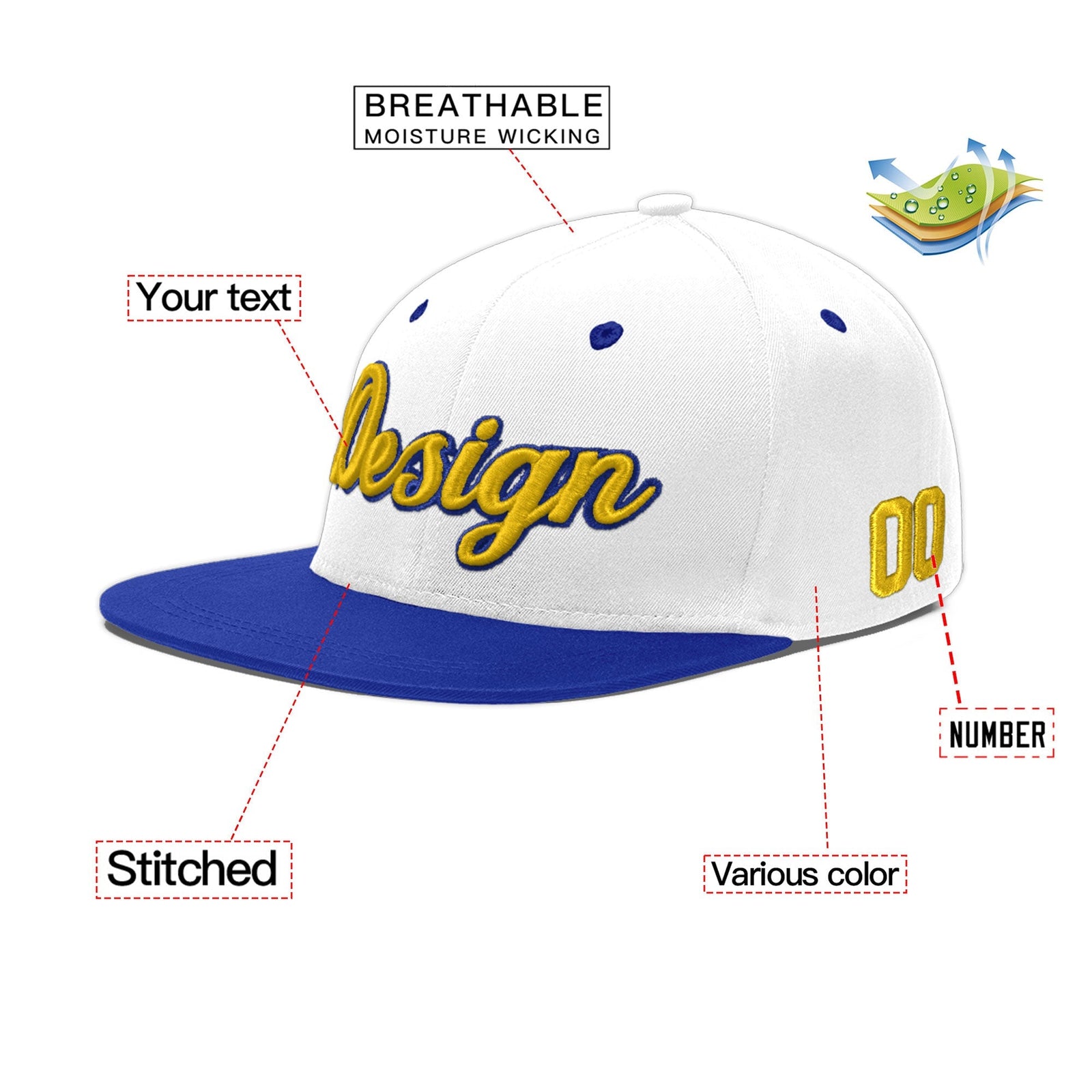 Custom White Royal Blue 3D Puff Embroidery Flat Embroidery Casual Sport Baseball Cap